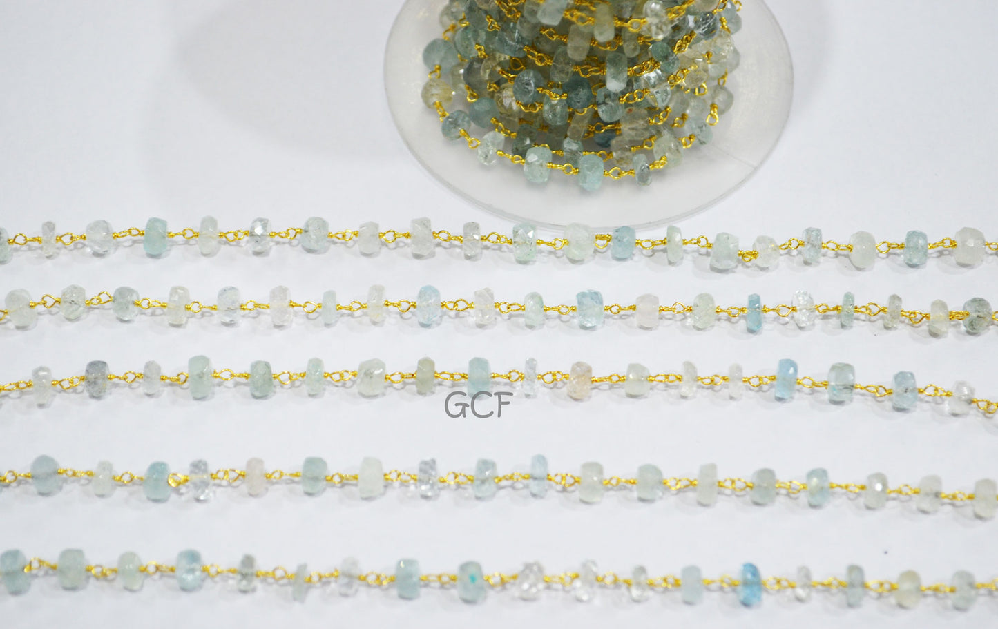 Natural Aquamarine Rondelle Rosary Beaded Chain , Aquamarine Faceted Rondelle Shape Wire Wrapped Chain , 5 - 5.50 mm ,RB-7005