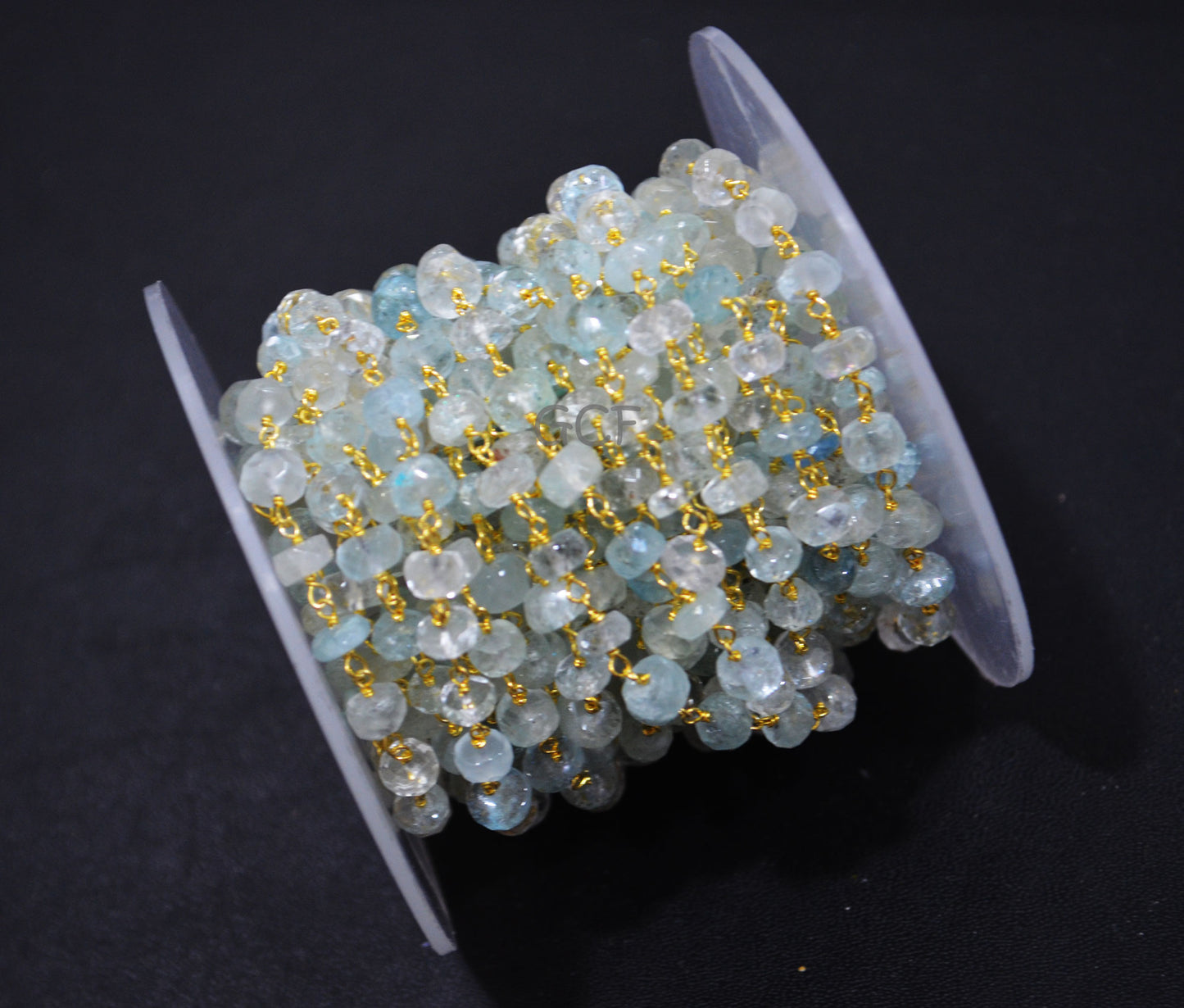 Natural Aquamarine Rondelle Rosary Beaded Chain , Aquamarine Faceted Rondelle Shape Wire Wrapped Chain , 5 - 5.50 mm ,RB-7005