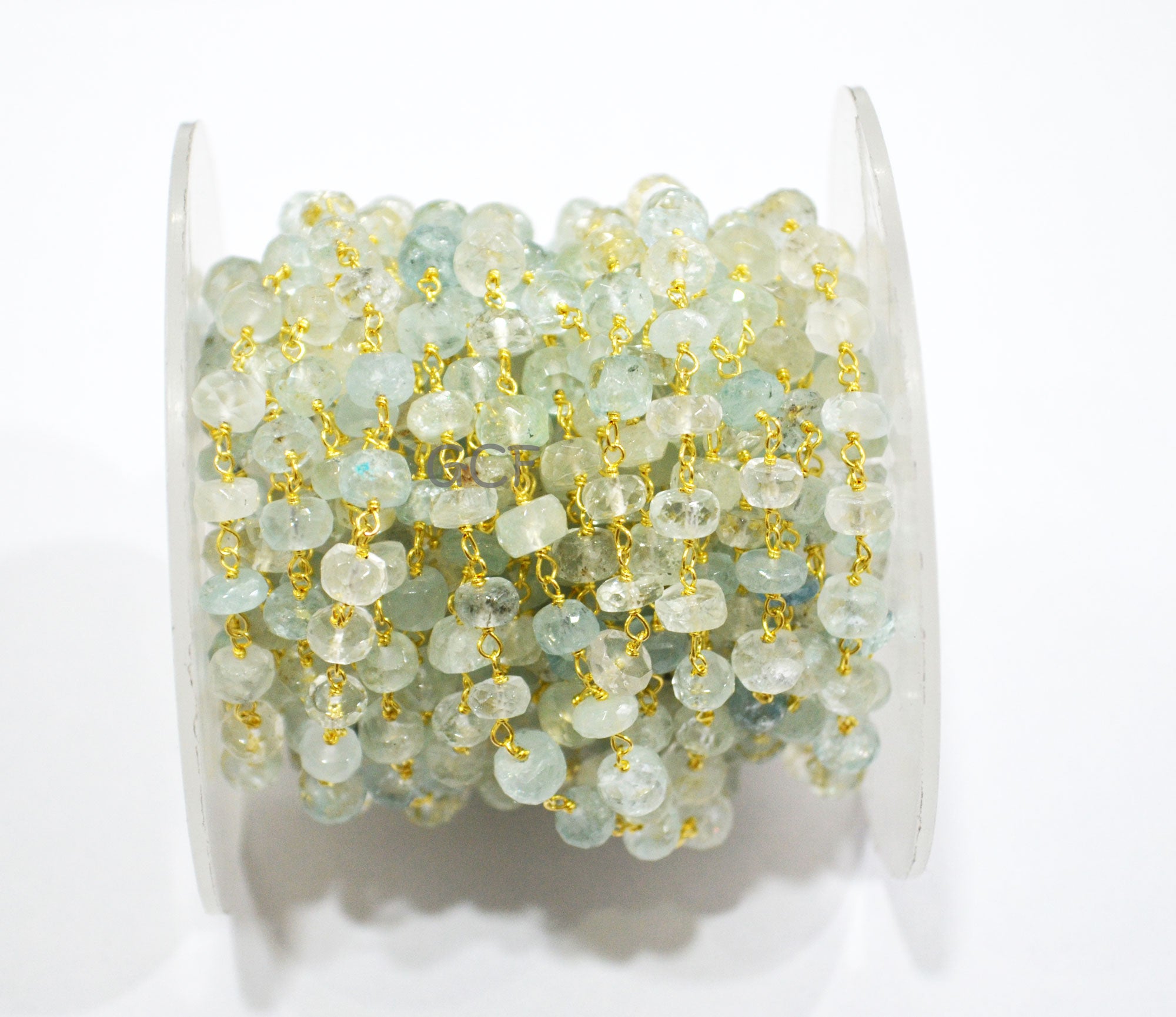 Natural Aquamarine Rondelle Rosary Beaded Chain , Aquamarine Faceted Rondelle Shape Wire Wrapped Chain , 5 - 5.50 mm ,RB-7005