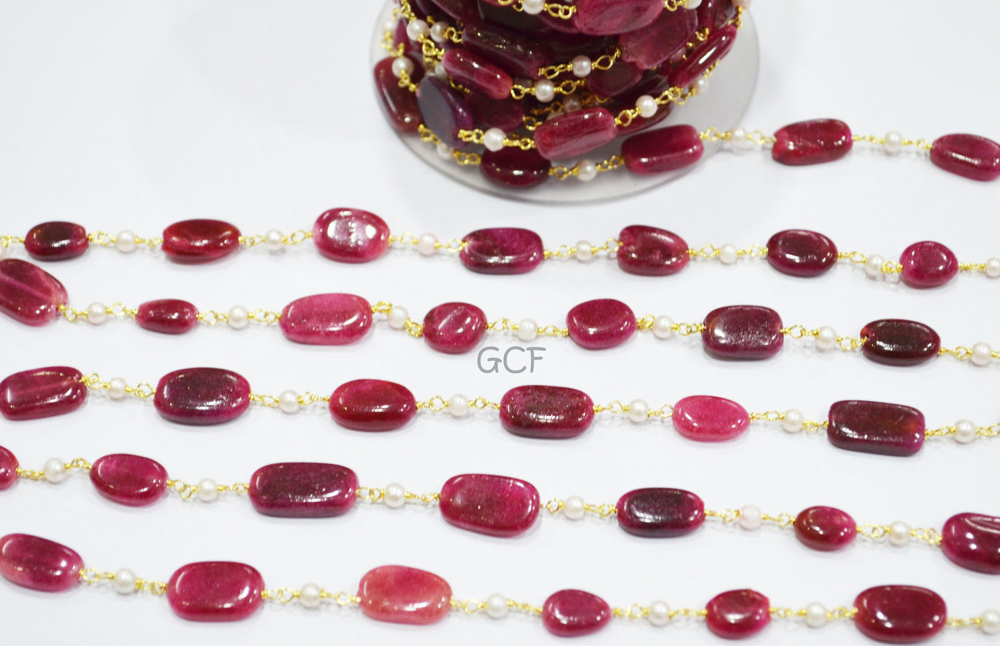 Dyed Ruby Natural Quartz Smooth Nuggets With Hydro Pearl Smooth Round Shape Rosary Beaded Chain , 8x10 - 9x16 mm , RB-7020