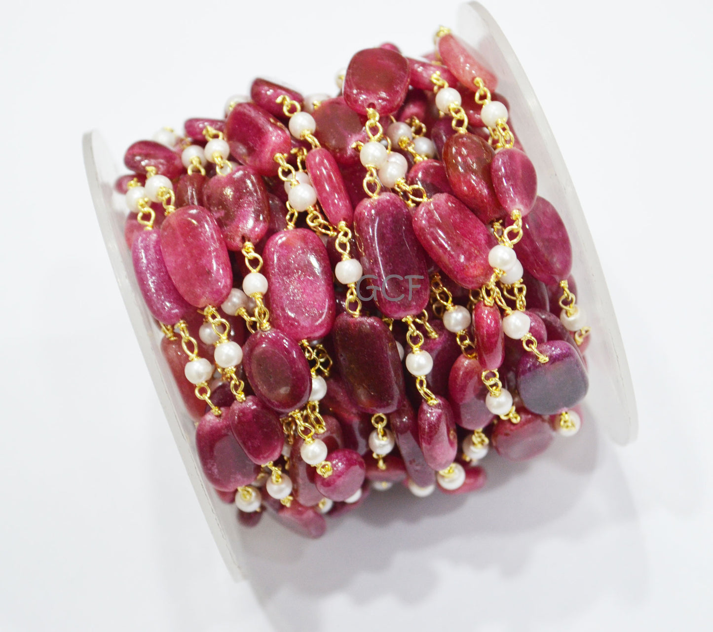Dyed Ruby Natural Quartz Smooth Nuggets With Hydro Pearl Smooth Round Shape Rosary Beaded Chain , 8x10 - 9x16 mm , RB-7020