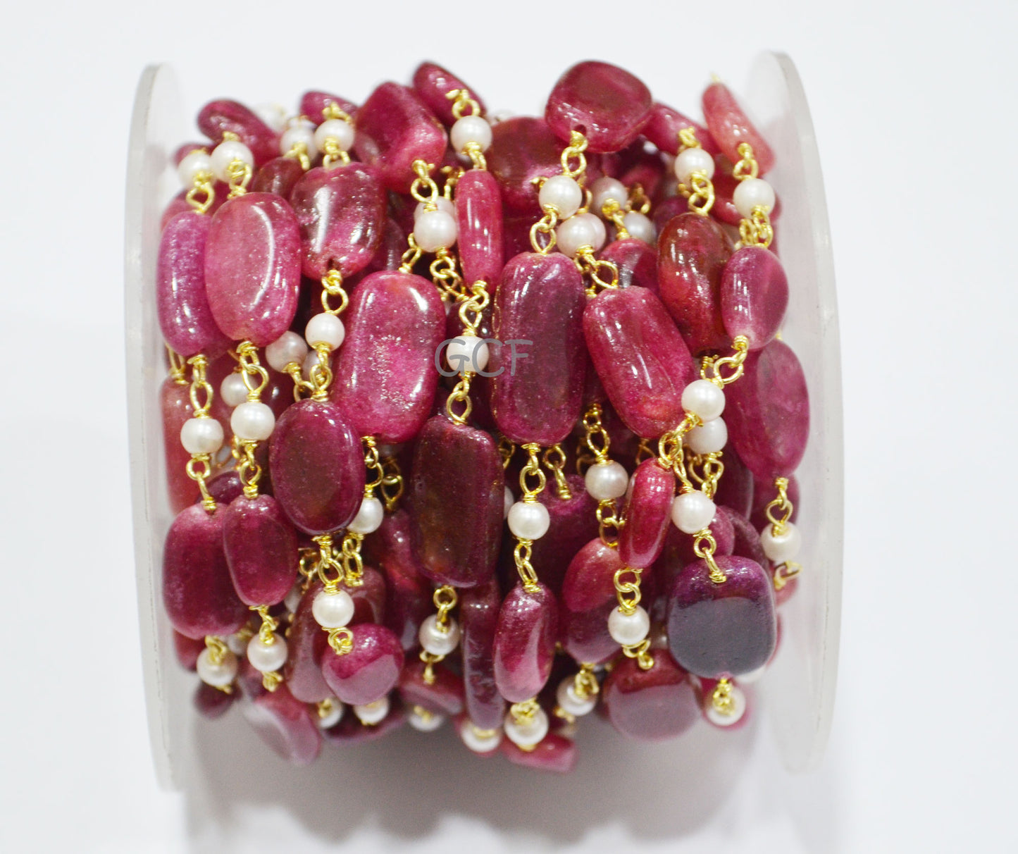 Dyed Ruby Natural Quartz Smooth Nuggets With Hydro Pearl Smooth Round Shape Rosary Beaded Chain , 8x10 - 9x16 mm , RB-7020
