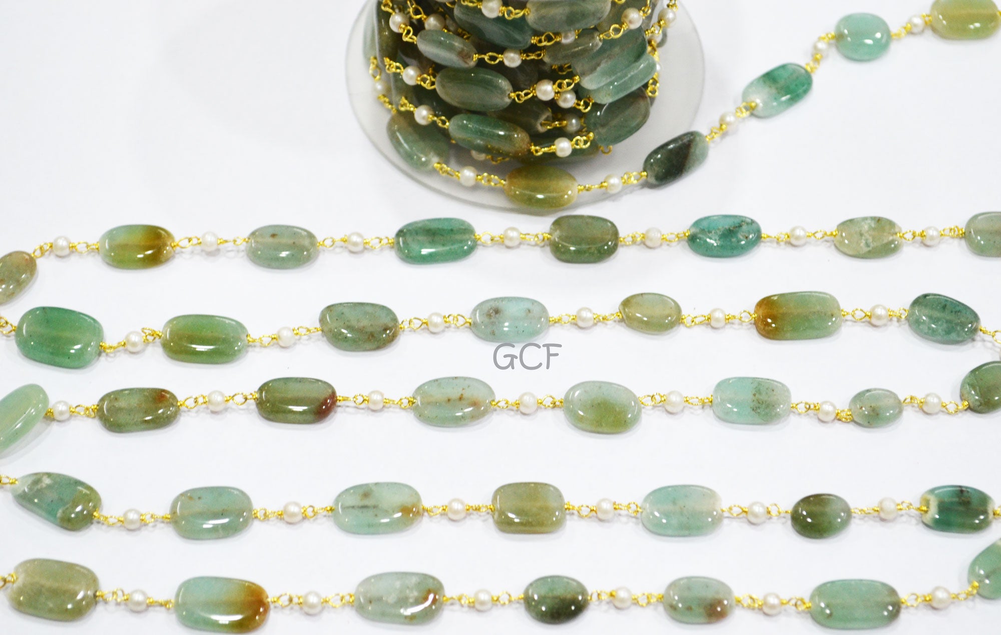 Dyed Emerald Natural Quartz Smooth Nuggets With Hydro Pearl Smooth Round Rosary Beaded Chain , 7x10 - 9x15 mm , RB-7022