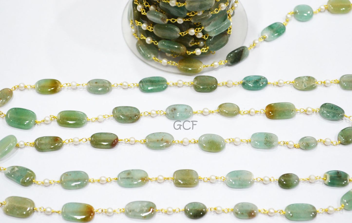 Dyed Emerald Natural Quartz Smooth Nuggets With Hydro Pearl Smooth Round Rosary Beaded Chain , 7x10 - 9x15 mm , RB-7022