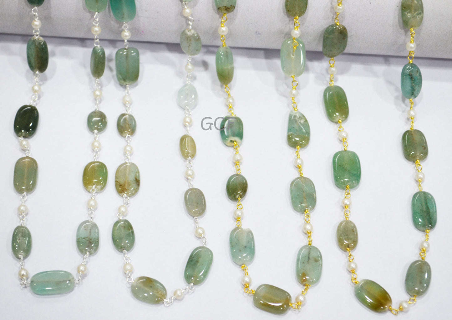 Dyed Emerald Natural Quartz Smooth Nuggets With Hydro Pearl Smooth Round Rosary Beaded Chain , 7x10 - 9x15 mm , RB-7022