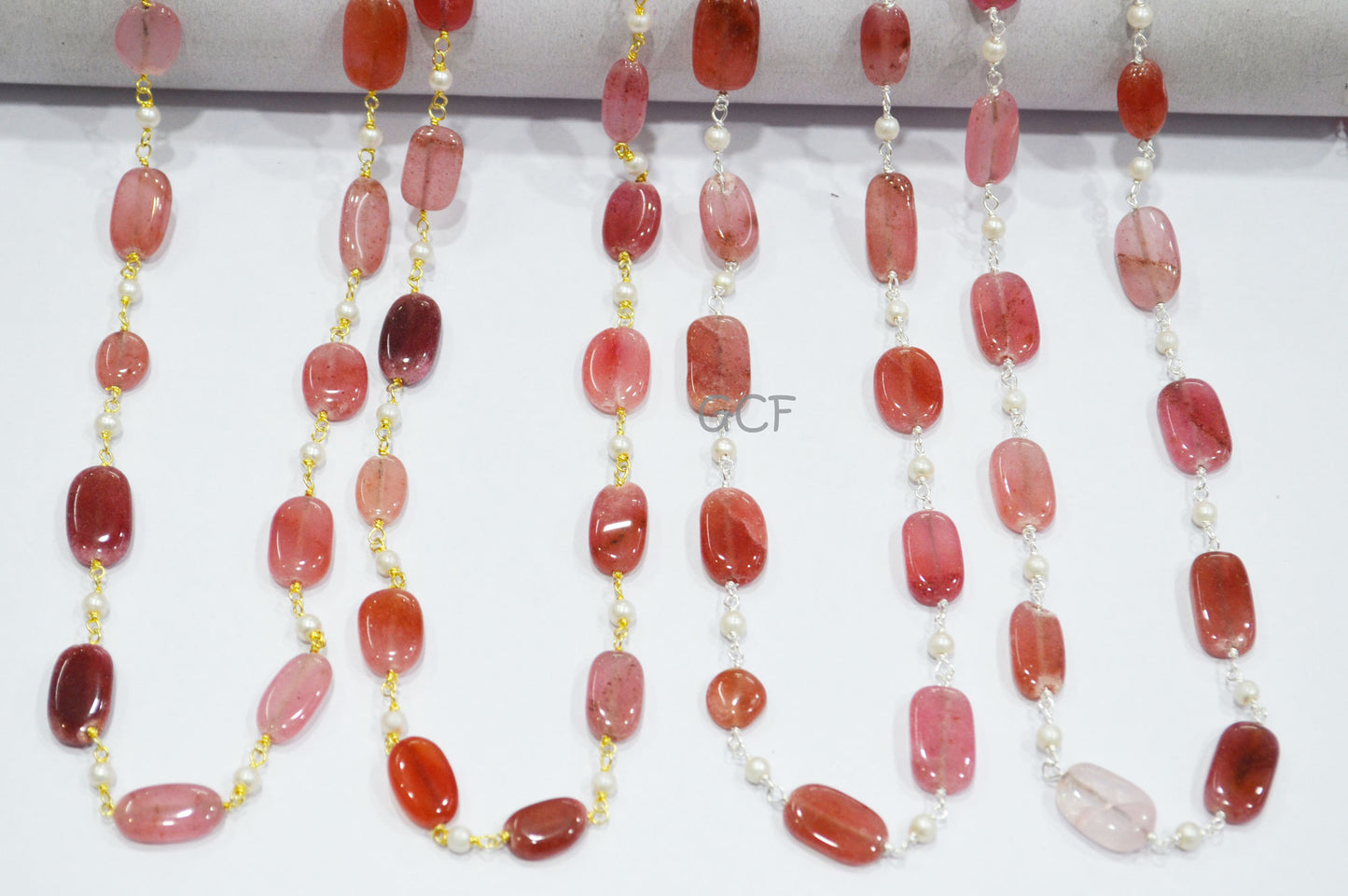 Dyed Pink Tourmaline Quartz Smooth Nuggets With Hydro Pearl Smooth Round Shape Rosary Beaded Chain , 8x11 - 9x16 mm , RB-7023