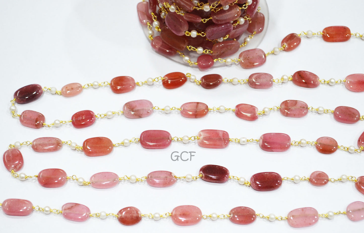 Dyed Pink Tourmaline Quartz Smooth Nuggets With Hydro Pearl Smooth Round Shape Rosary Beaded Chain , 8x11 - 9x16 mm , RB-7023