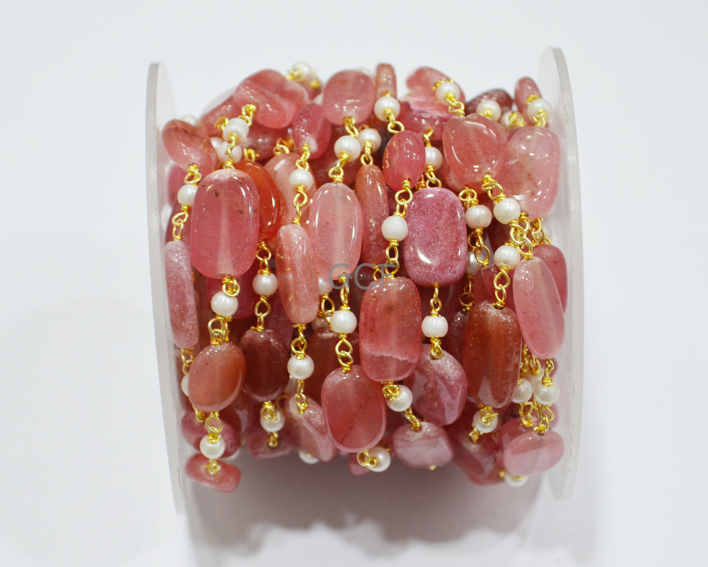 Dyed Pink Tourmaline Quartz Smooth Nuggets With Hydro Pearl Smooth Round Shape Rosary Beaded Chain , 8x11 - 9x16 mm , RB-7023