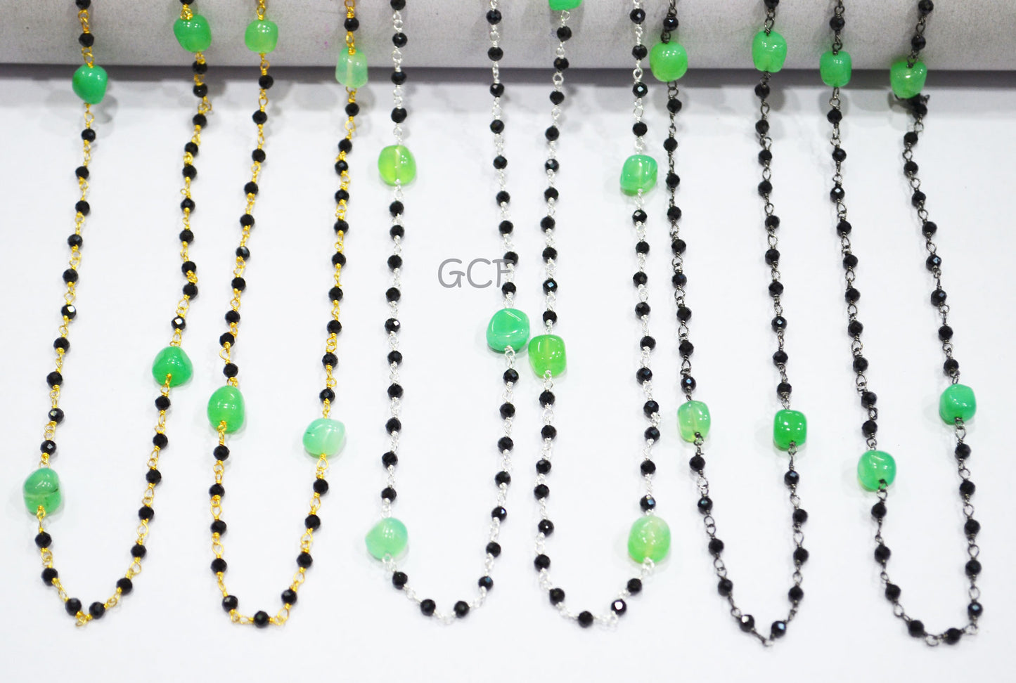 Black Spinel Faceted Round Shape Rosary Beaded Chain , Chrysoprase Smooth Nuggets Wire Wrapped Chain , 2.50 - 7 mm , RB-7024