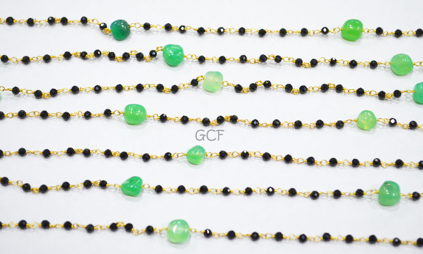 Black Spinel Faceted Round Shape Rosary Beaded Chain , Chrysoprase Smooth Nuggets Wire Wrapped Chain , 2.50 - 7 mm , RB-7024