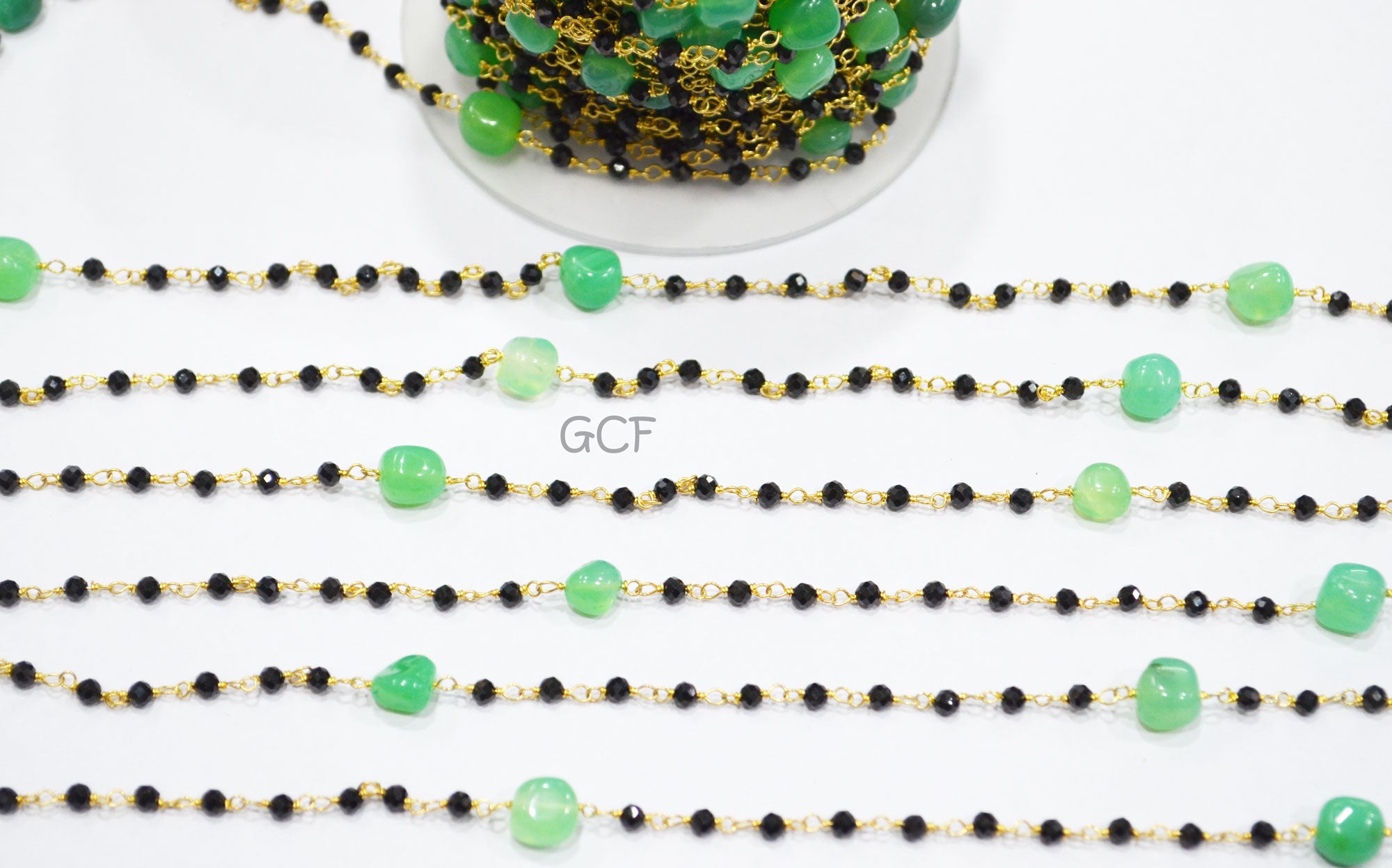 Black Spinel Faceted Round Shape Rosary Beaded Chain , Chrysoprase Smooth Nuggets Wire Wrapped Chain , 2.50 - 7 mm , RB-7024
