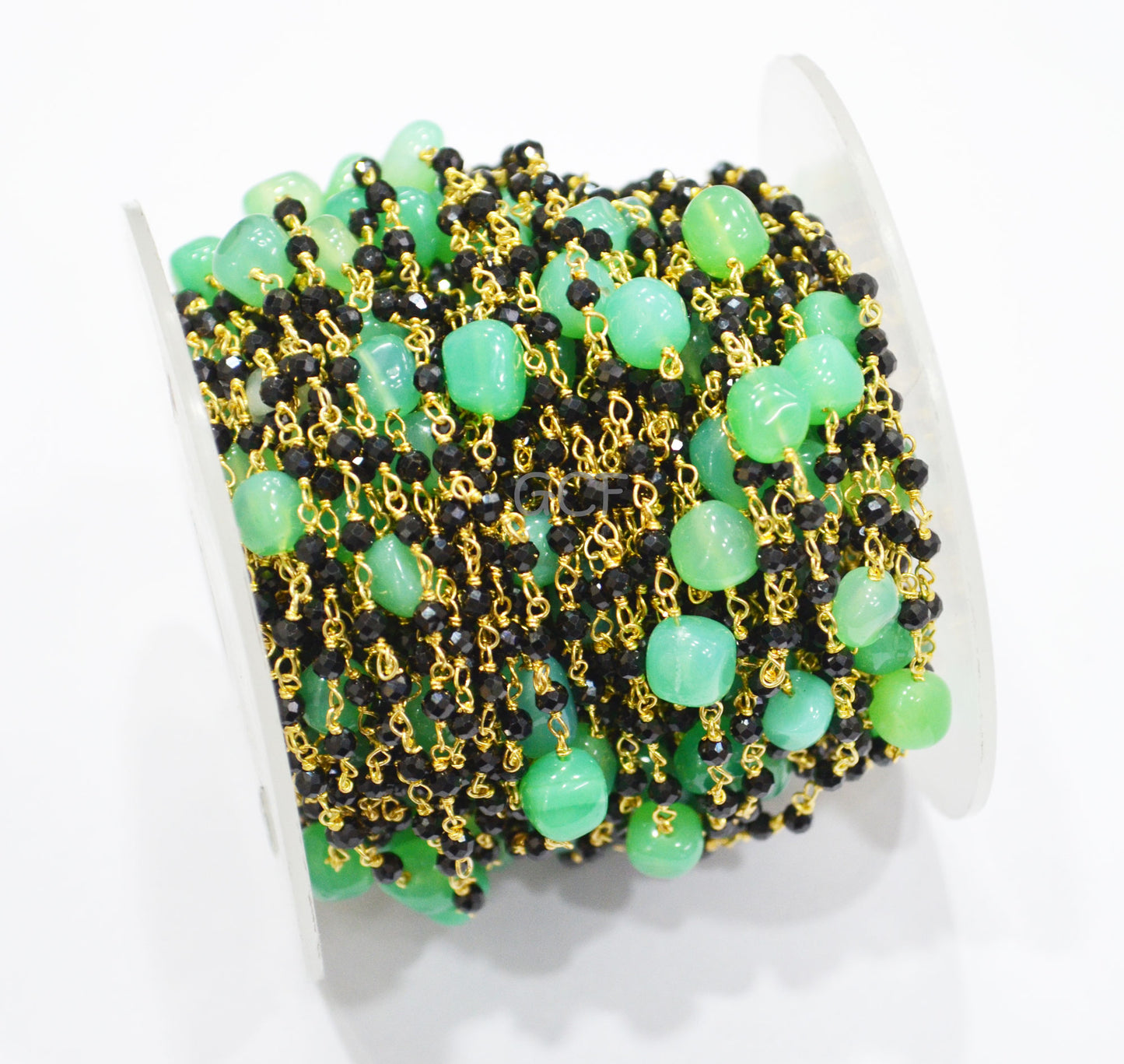 Black Spinel Faceted Round Shape Rosary Beaded Chain , Chrysoprase Smooth Nuggets Wire Wrapped Chain , 2.50 - 7 mm , RB-7024