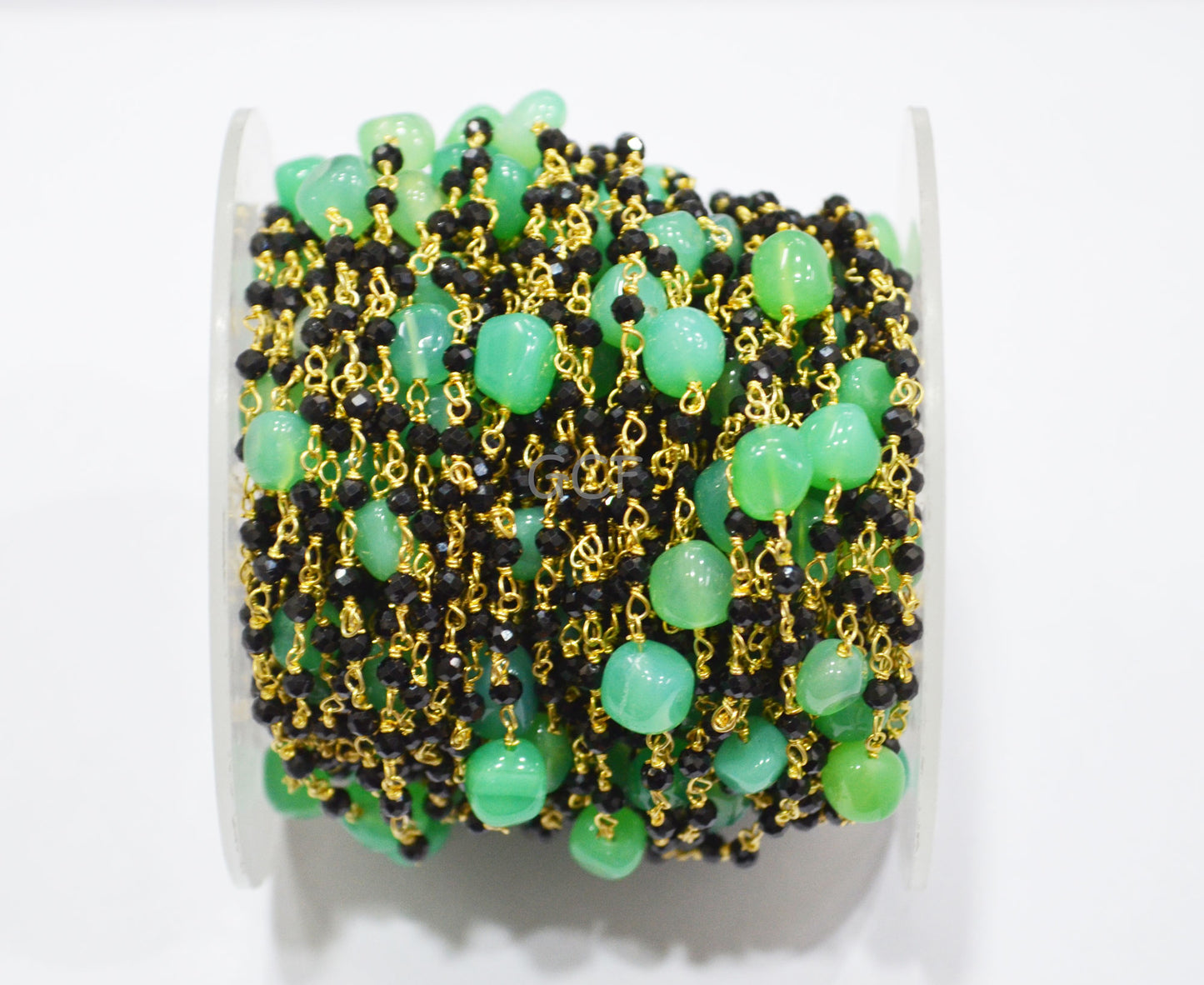 Black Spinel Faceted Round Shape Rosary Beaded Chain , Chrysoprase Smooth Nuggets Wire Wrapped Chain , 2.50 - 7 mm , RB-7024
