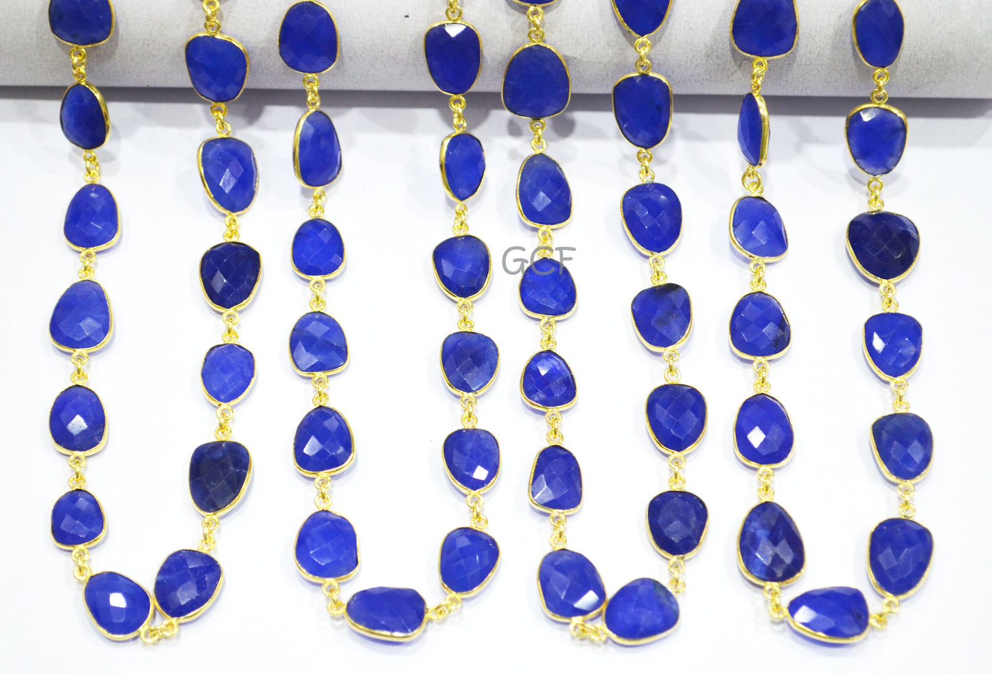 Blue Sapphire Quartz Faceted Slice Shape Connector Chain , Blue Sapphire Quartz Bezel Link Chain , 10x13 - 13x17 mm , RB-7029