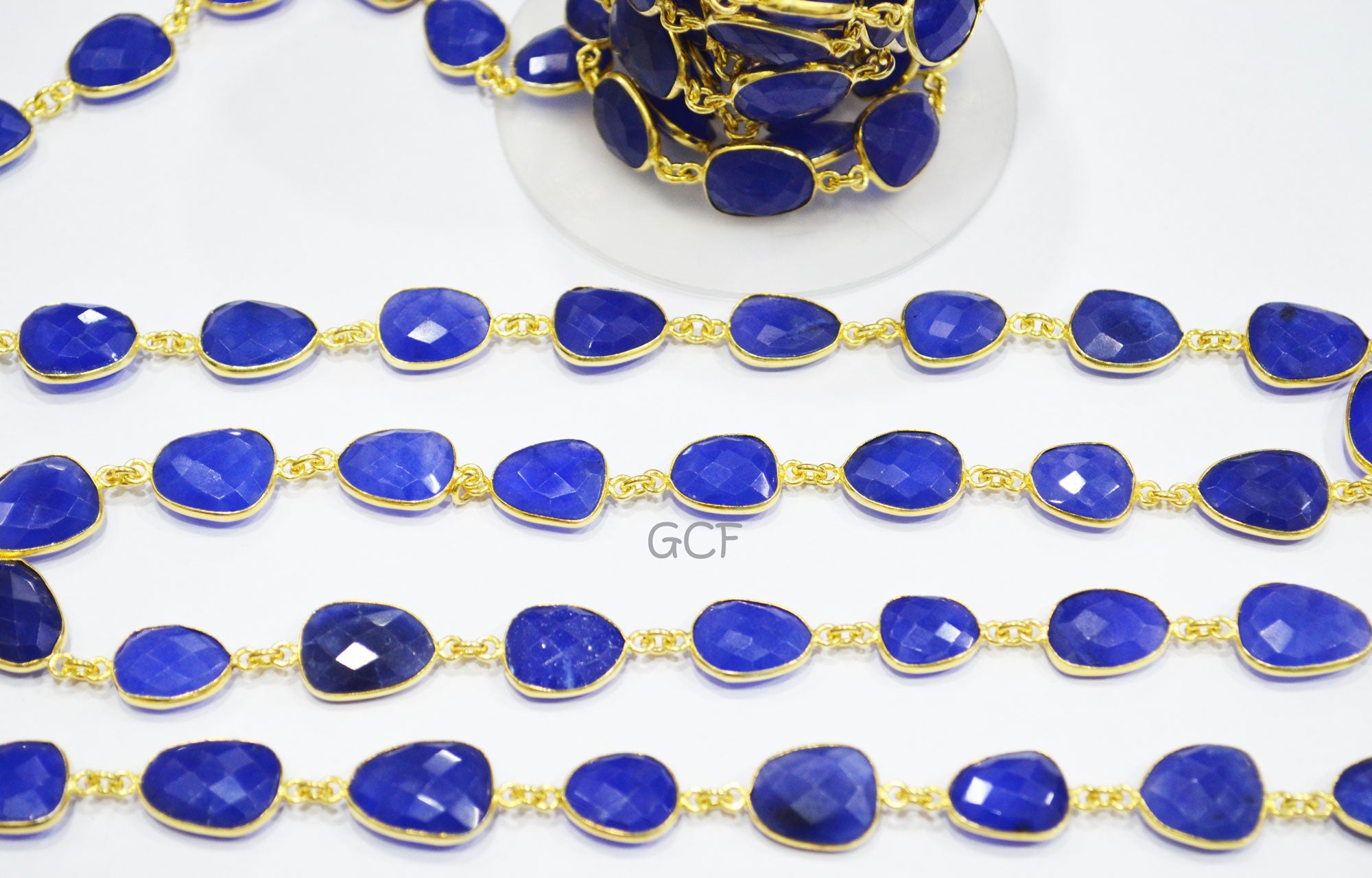 Blue Sapphire Quartz Faceted Slice Shape Connector Chain , Blue Sapphire Quartz Bezel Link Chain , 10x13 - 13x17 mm , RB-7029