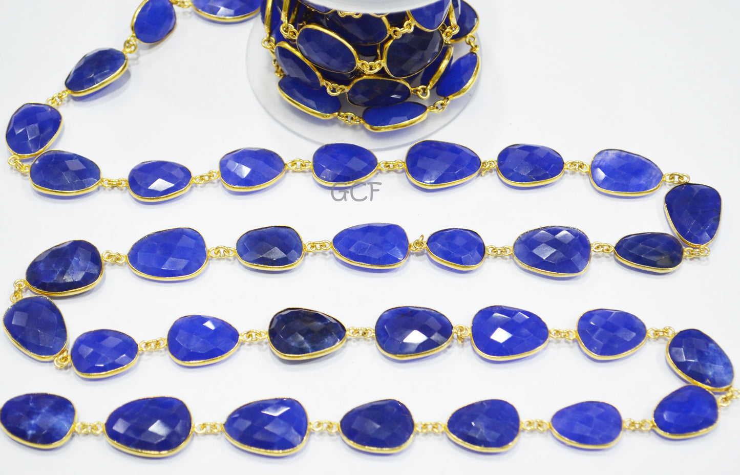 Blue Sapphire Quartz Faceted Slice Shape Connector Chain , Blue Sapphire Quartz Bezel Link Chain , 14x17 - 17x21 mm , RB-7030