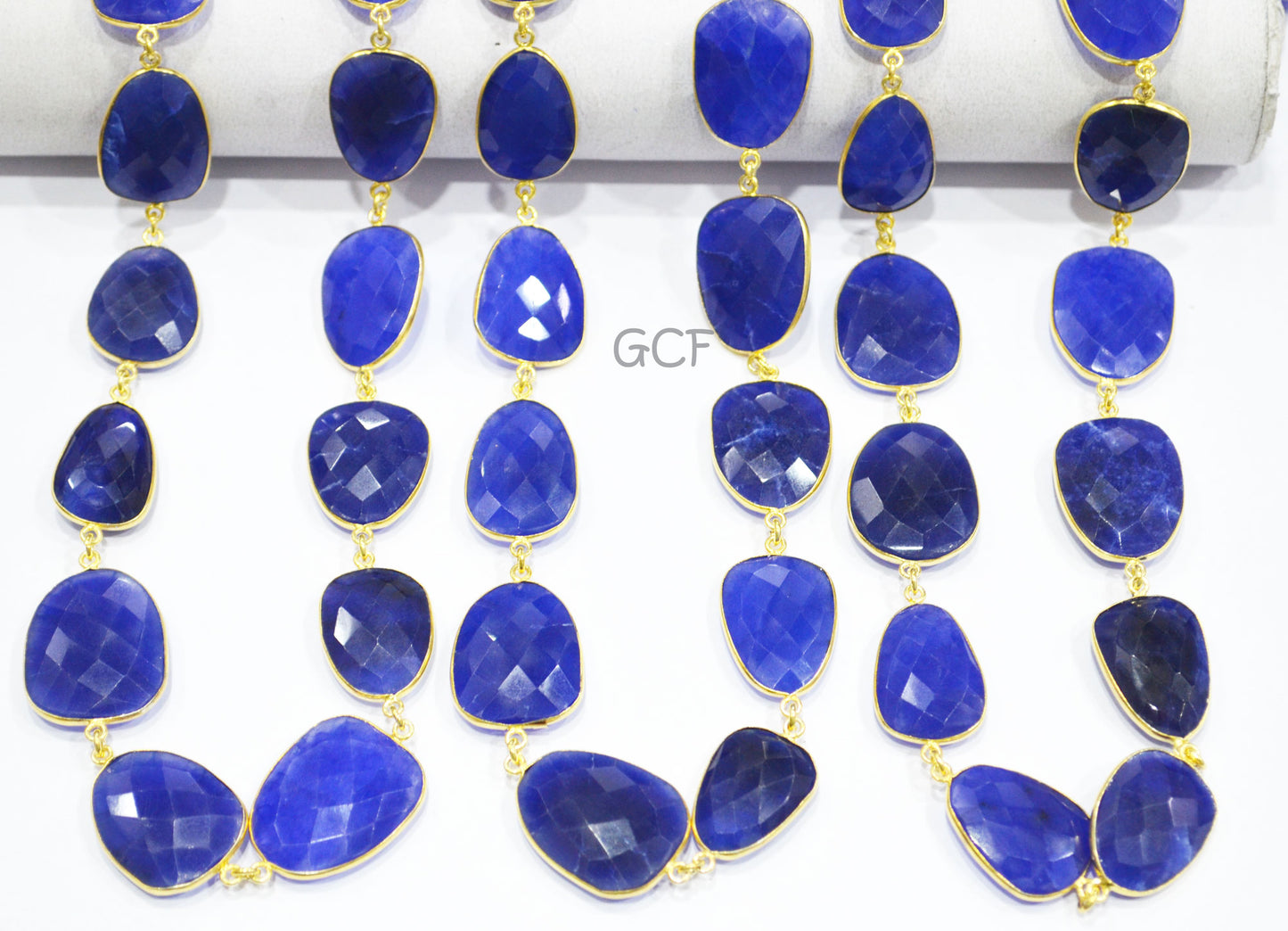 Blue Sapphire Quartz Faceted Slice Shape Connector Chain , Blue Sapphire Quartz Bezel Link Chain , 16x21 - 21x27 mm , RB-7031