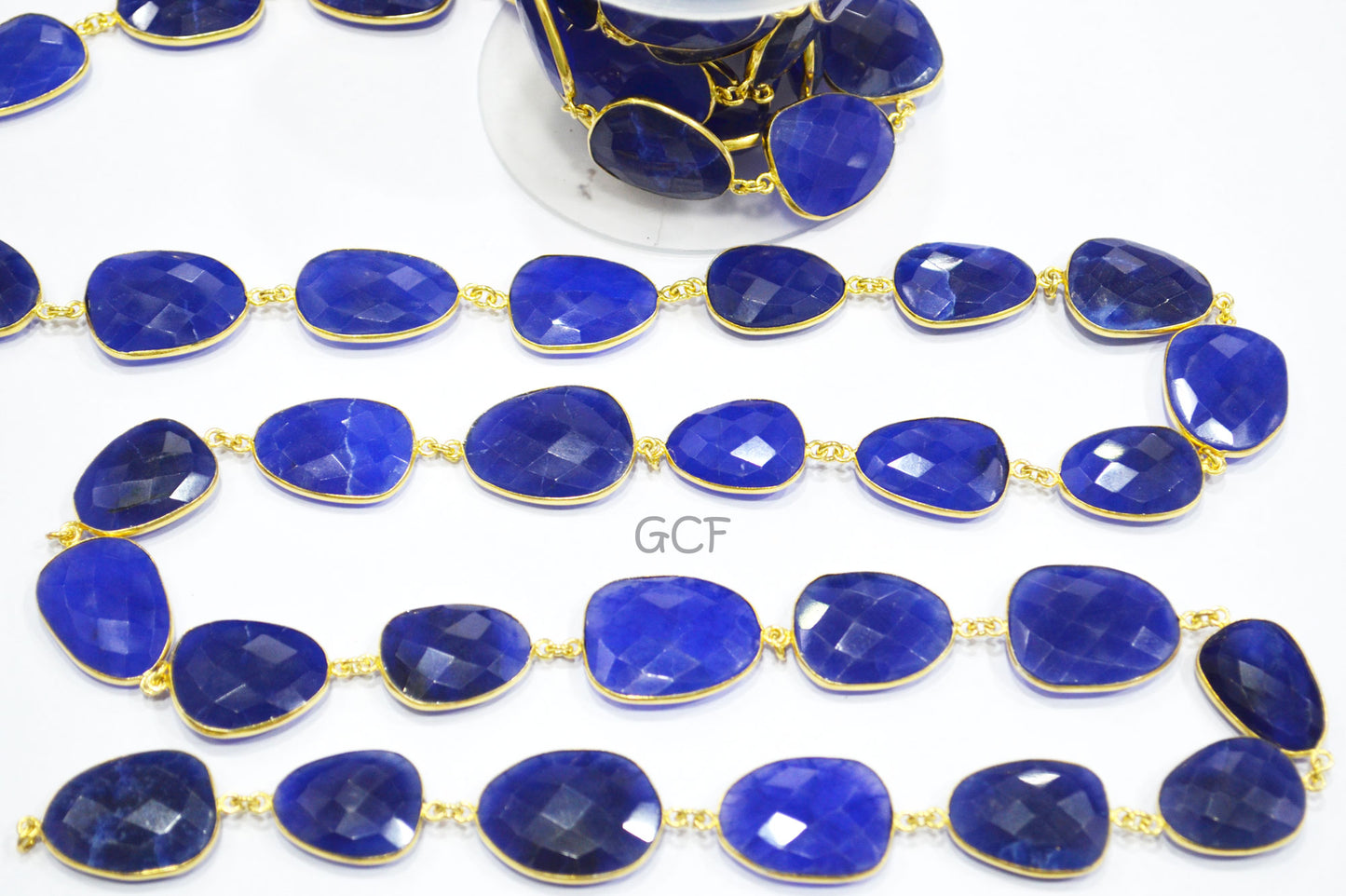 Blue Sapphire Quartz Faceted Slice Shape Connector Chain , Blue Sapphire Quartz Bezel Link Chain , 16x21 - 21x27 mm , RB-7031