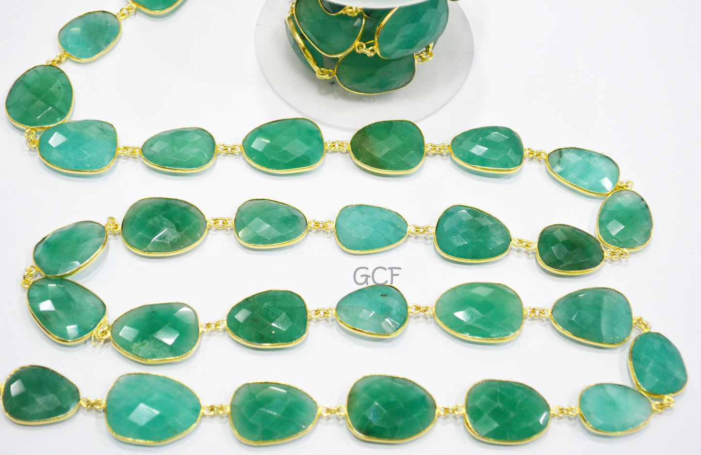 Russian Emerald Quartz Faceted Slice Shape Connector Chain ,Russian Emerald Quartz Bezel Link Chain ,17x20 - 20x25 mm ,RB-7034