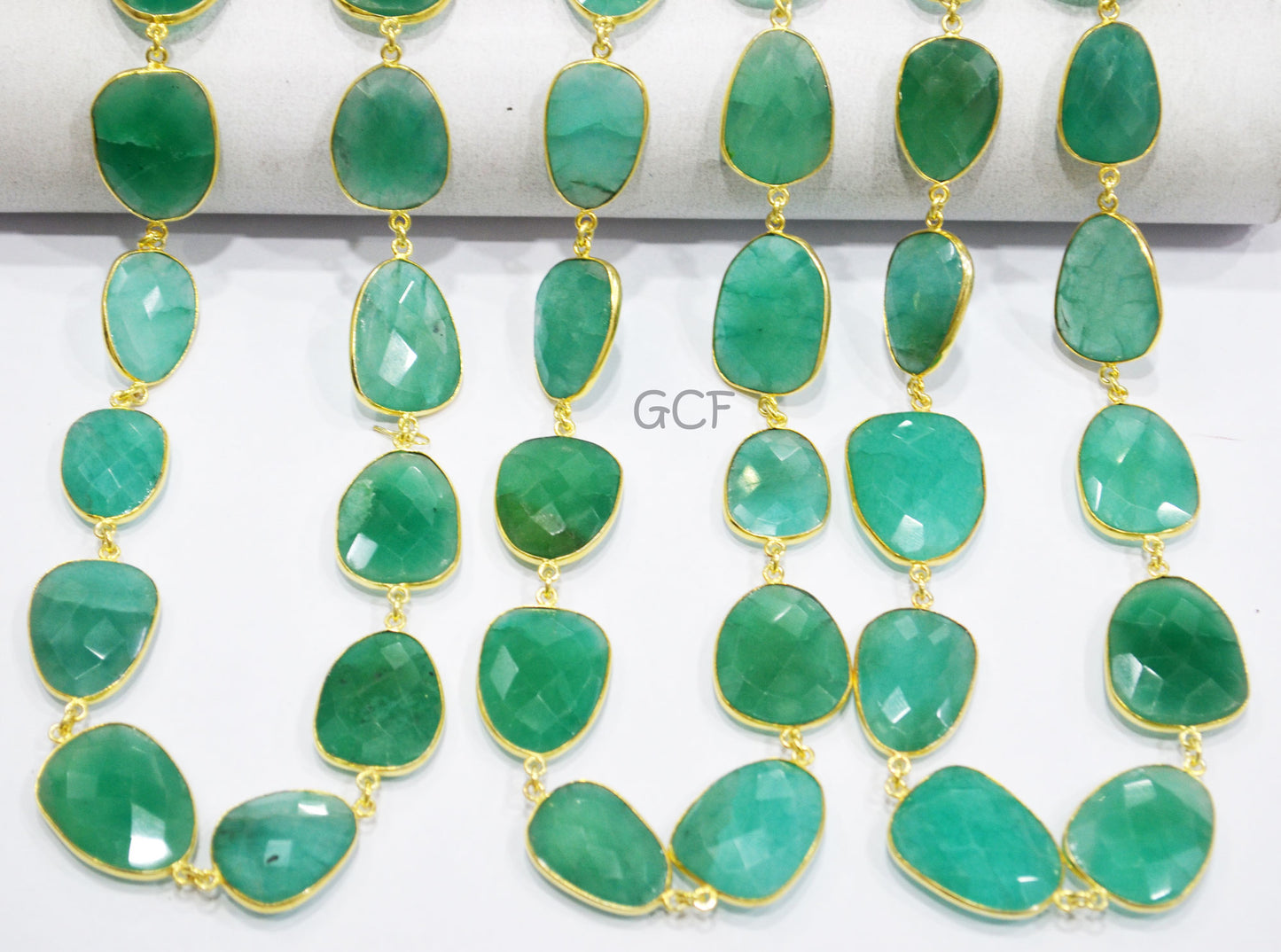 Russian Emerald Quartz Faceted Slice Shape Connector Chain ,Russian Emerald Quartz Bezel Link Chain ,17x20 - 20x25 mm ,RB-7034