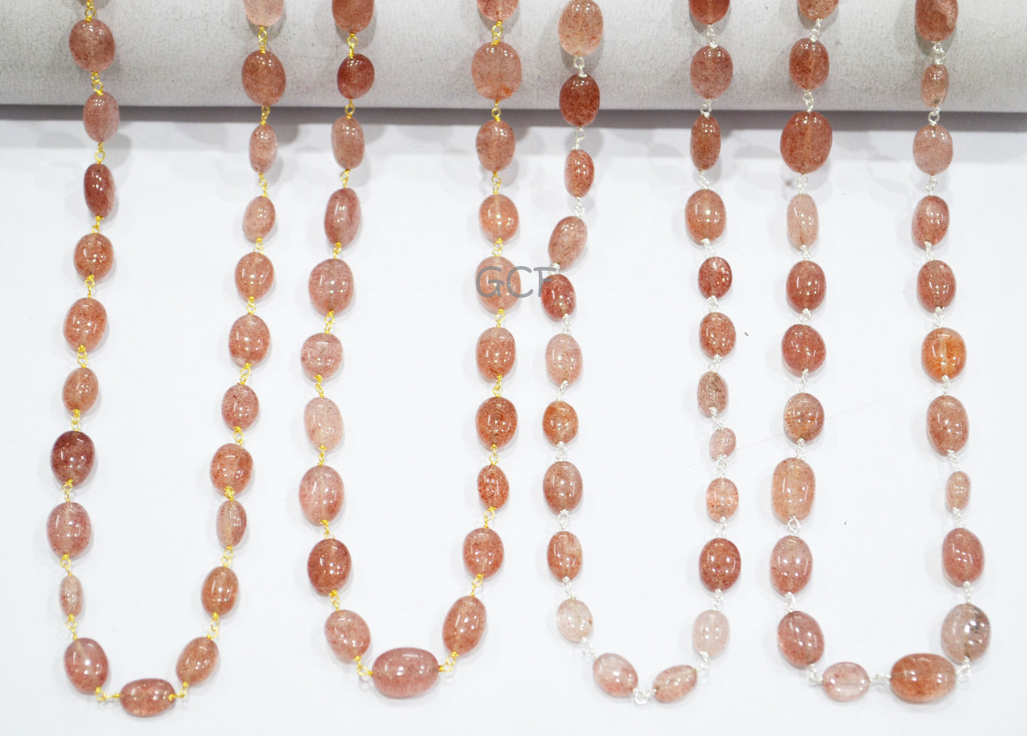 Red Strawberry Quartz Smooth Oval Nuggets Rosary Beaded Chain , Strawberry Quartz Wire Wrapped Chain , 6x7 - 9x10 mm ,RB-7038