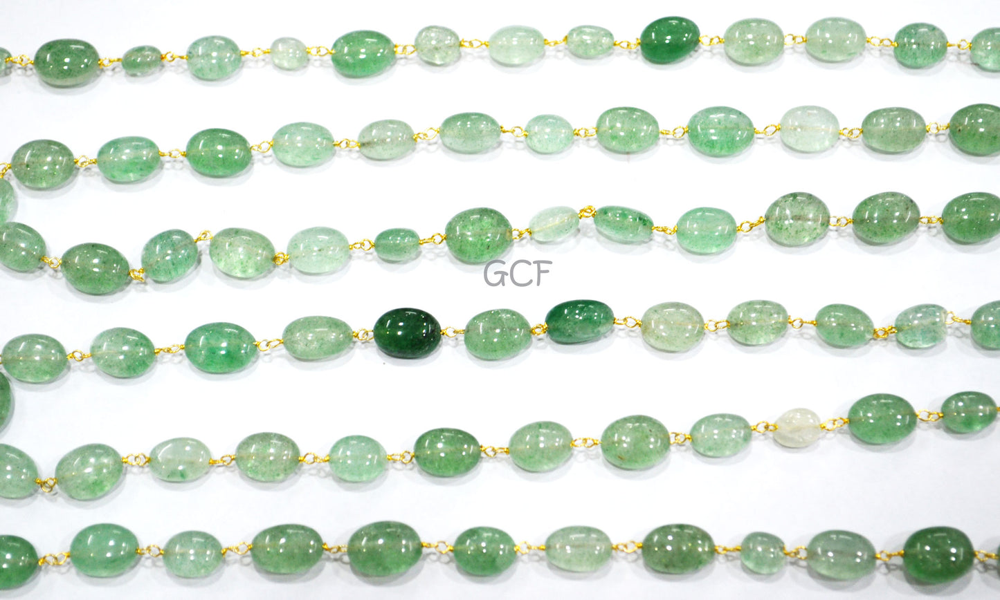 Emerald Green Strawberry Quartz Smooth Oval Rosary Beaded Chain ,Strawberry Quartz Wire Wrapped Chain , 7x9 - 8x11 mm ,RB-7039