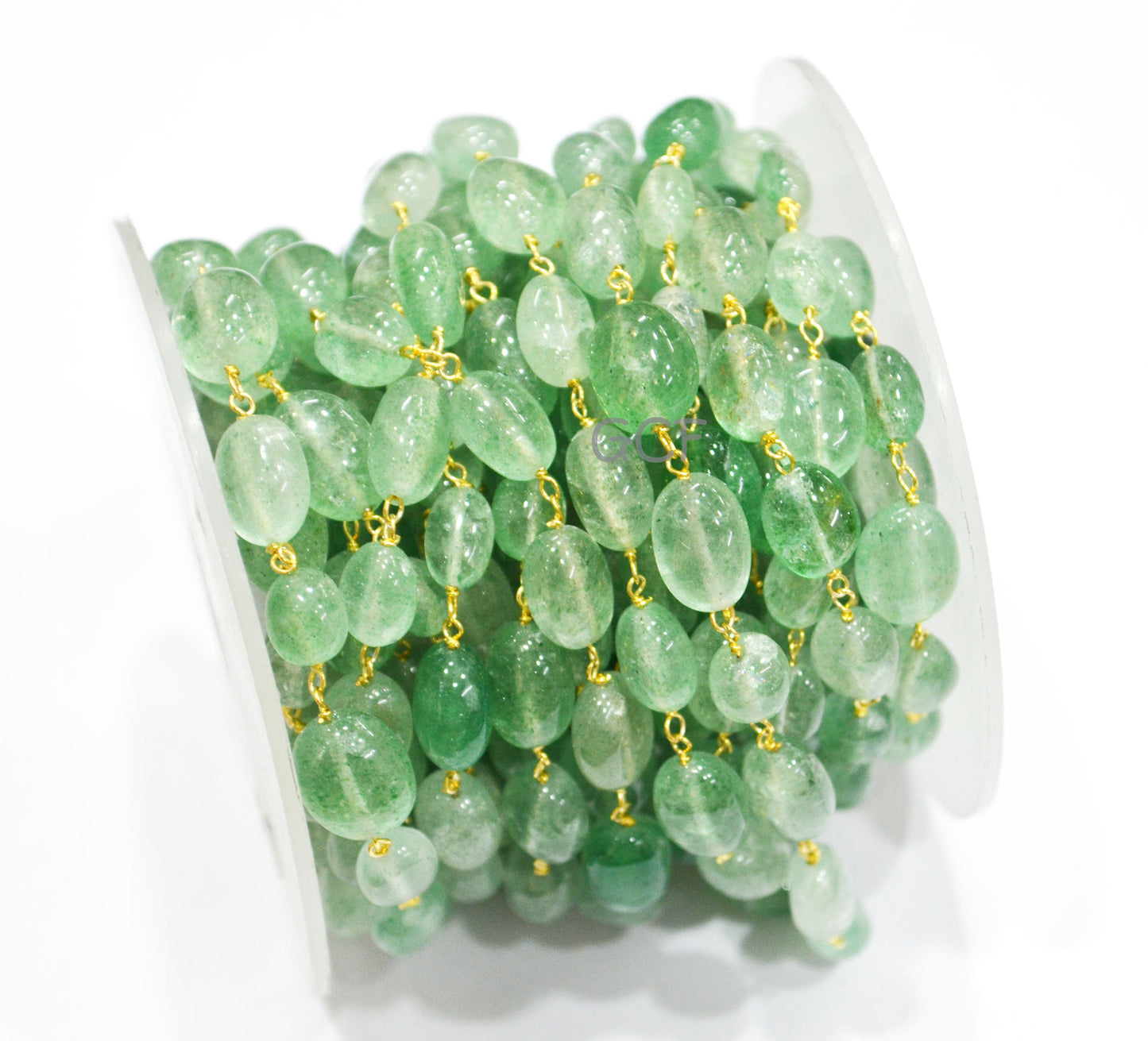 Emerald Green Strawberry Quartz Smooth Oval Rosary Beaded Chain ,Strawberry Quartz Wire Wrapped Chain , 7x9 - 8x11 mm ,RB-7039