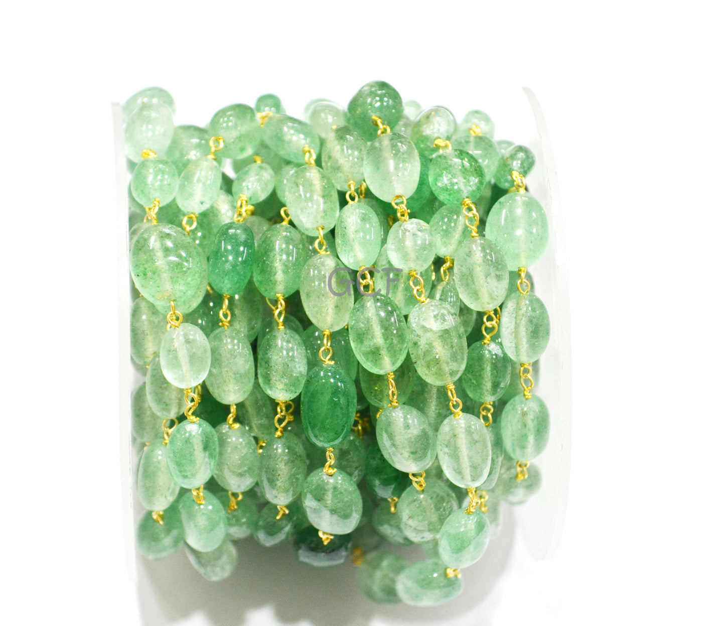 Emerald Green Strawberry Quartz Smooth Oval Rosary Beaded Chain ,Strawberry Quartz Wire Wrapped Chain , 7x9 - 8x11 mm ,RB-7039