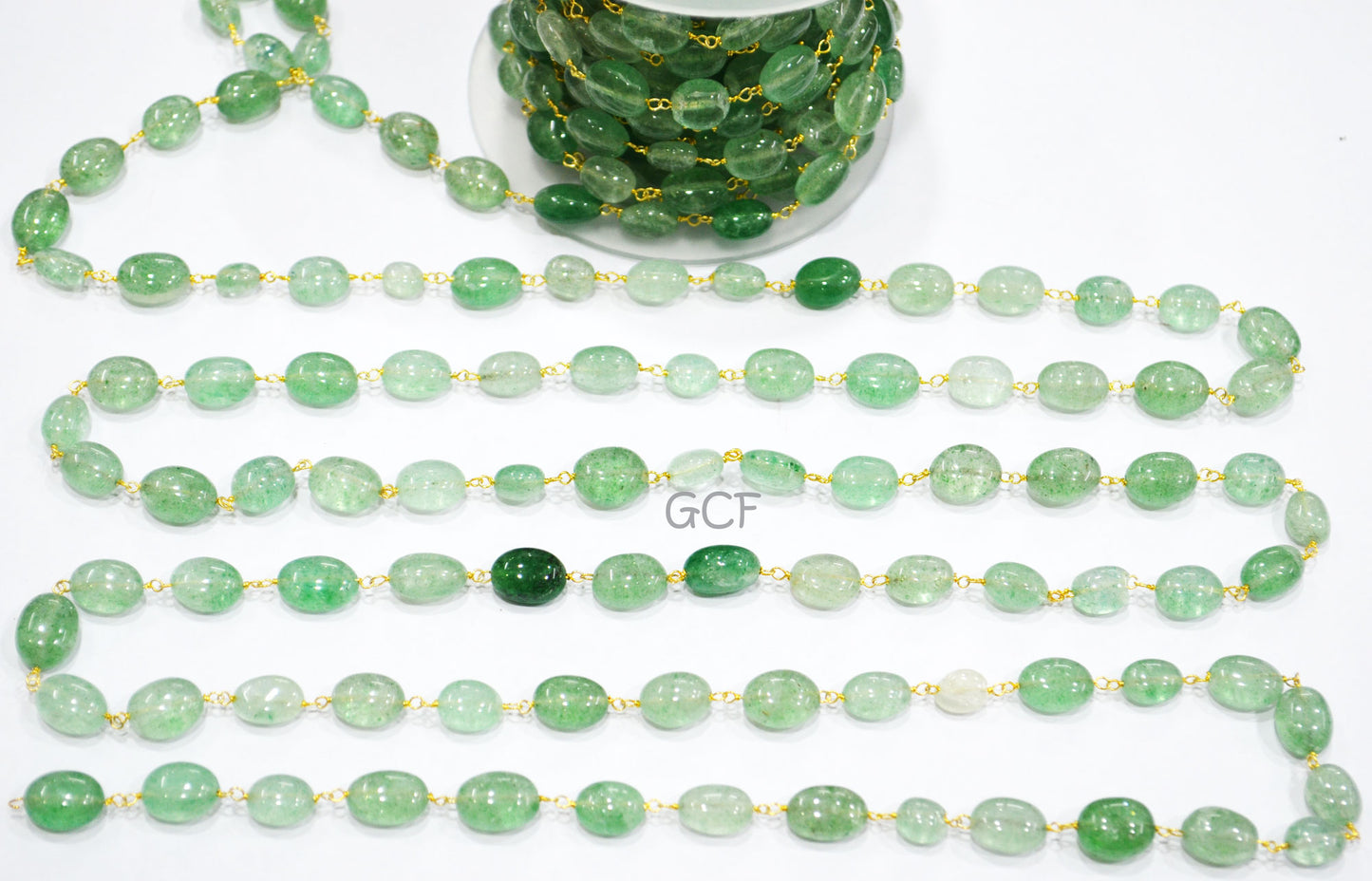 Emerald Green Strawberry Quartz Smooth Oval Rosary Beaded Chain ,Strawberry Quartz Wire Wrapped Chain , 7x9 - 8x11 mm ,RB-7039