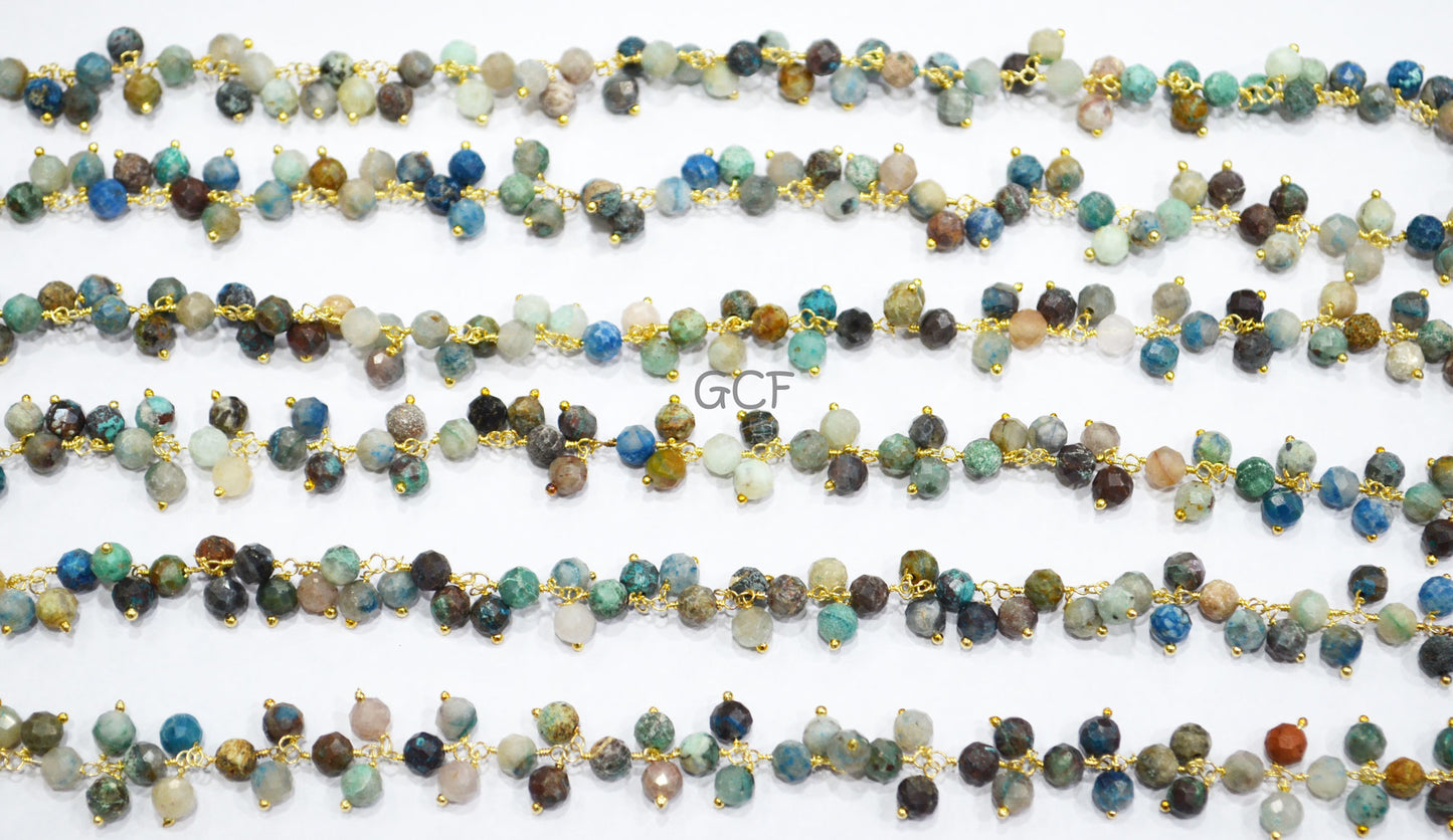 Chrysocolla Faceted Round Shape Rosary Beaded Chain , Chrysocolla Round Shape Wire Wrapped Angoori Cluster Chain , 5 mm , RB-7040