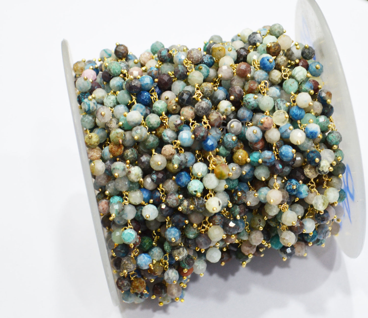 Chrysocolla Faceted Round Shape Rosary Beaded Chain , Chrysocolla Round Shape Wire Wrapped Angoori Cluster Chain , 5 mm , RB-7040