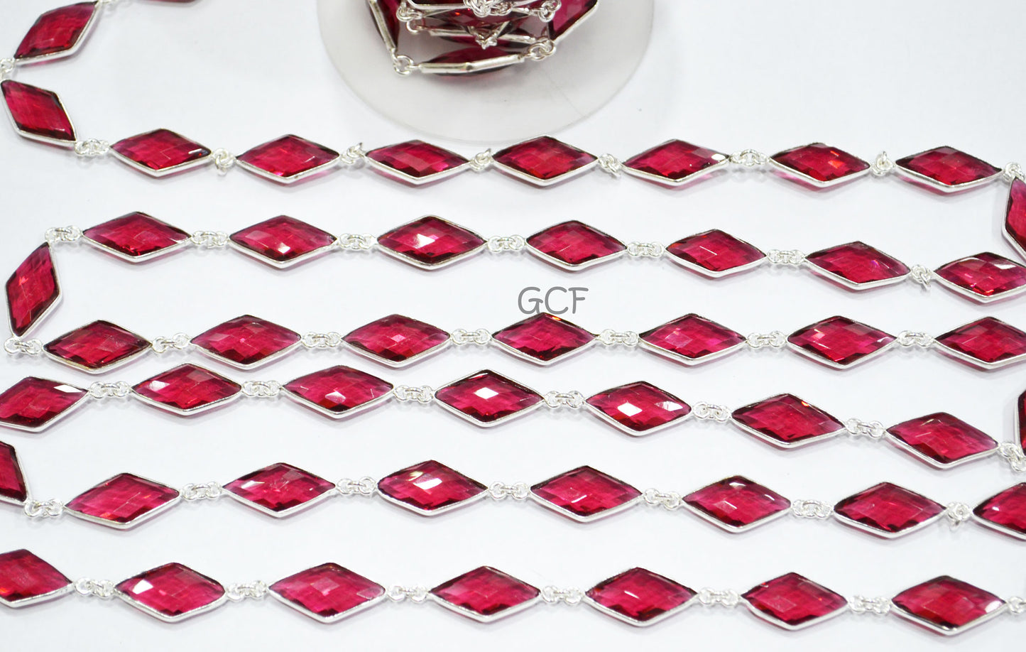 Pink Rubellite Hydro Quartz Faceted Diamond Shape Connector Chain , Pink Rubellite Hydro Glass Diamond Bezel Link Chain , 10x20 mm , RB-7042
