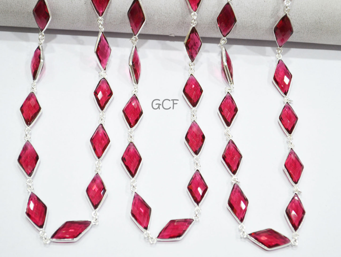 Pink Rubellite Hydro Quartz Faceted Diamond Shape Connector Chain , Pink Rubellite Hydro Glass Diamond Bezel Link Chain , 10x20 mm , RB-7042