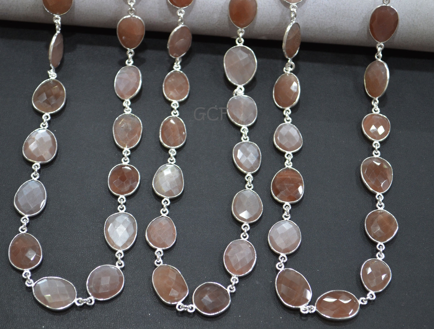 Caramel Moonstone Faceted Free Form Shape Connector Chain , Caramel Moonstone Slice Shape Bezel Link Chain , 13x15 - 15x18 mm , RB-7043
