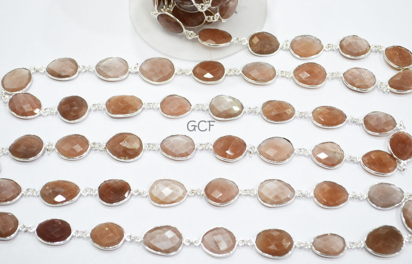 Caramel Moonstone Faceted Free Form Shape Connector Chain , Caramel Moonstone Slice Shape Bezel Link Chain , 13x15 - 15x18 mm , RB-7043