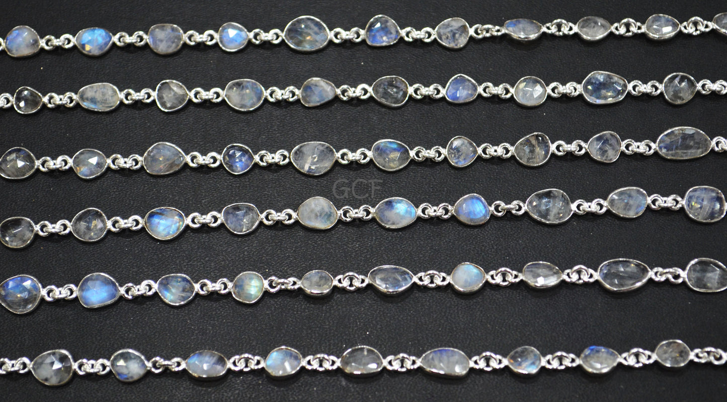 Rainbow Moonstone Faceted Slice Shape Connector Chain , Rainbow Moonstone Free Form Shape Bezel Link Chain , 6x7 - 10x14 mm , RB-7044