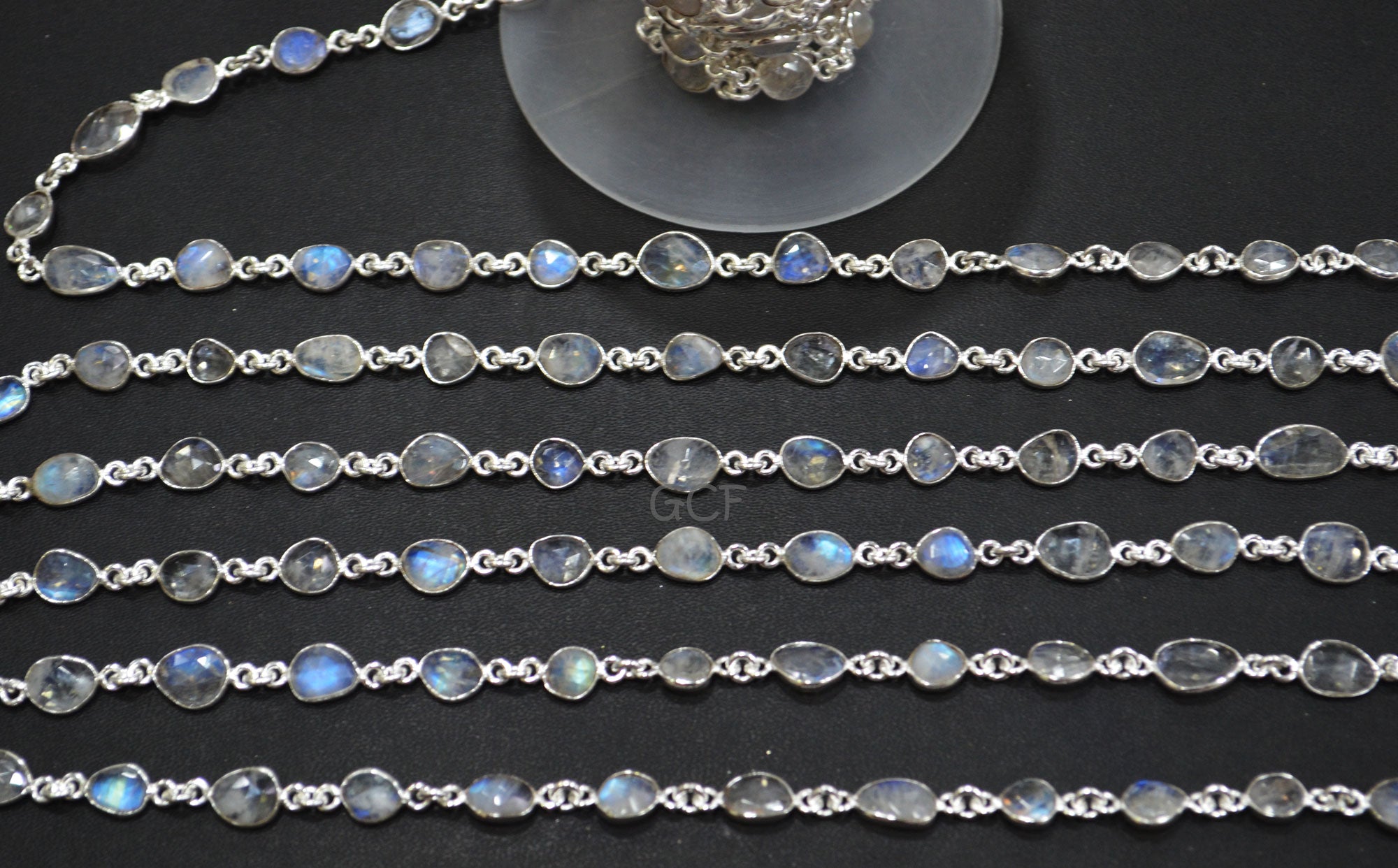 Rainbow Moonstone Faceted Slice Shape Connector Chain , Rainbow Moonstone Free Form Shape Bezel Link Chain , 6x7 - 10x14 mm , RB-7044