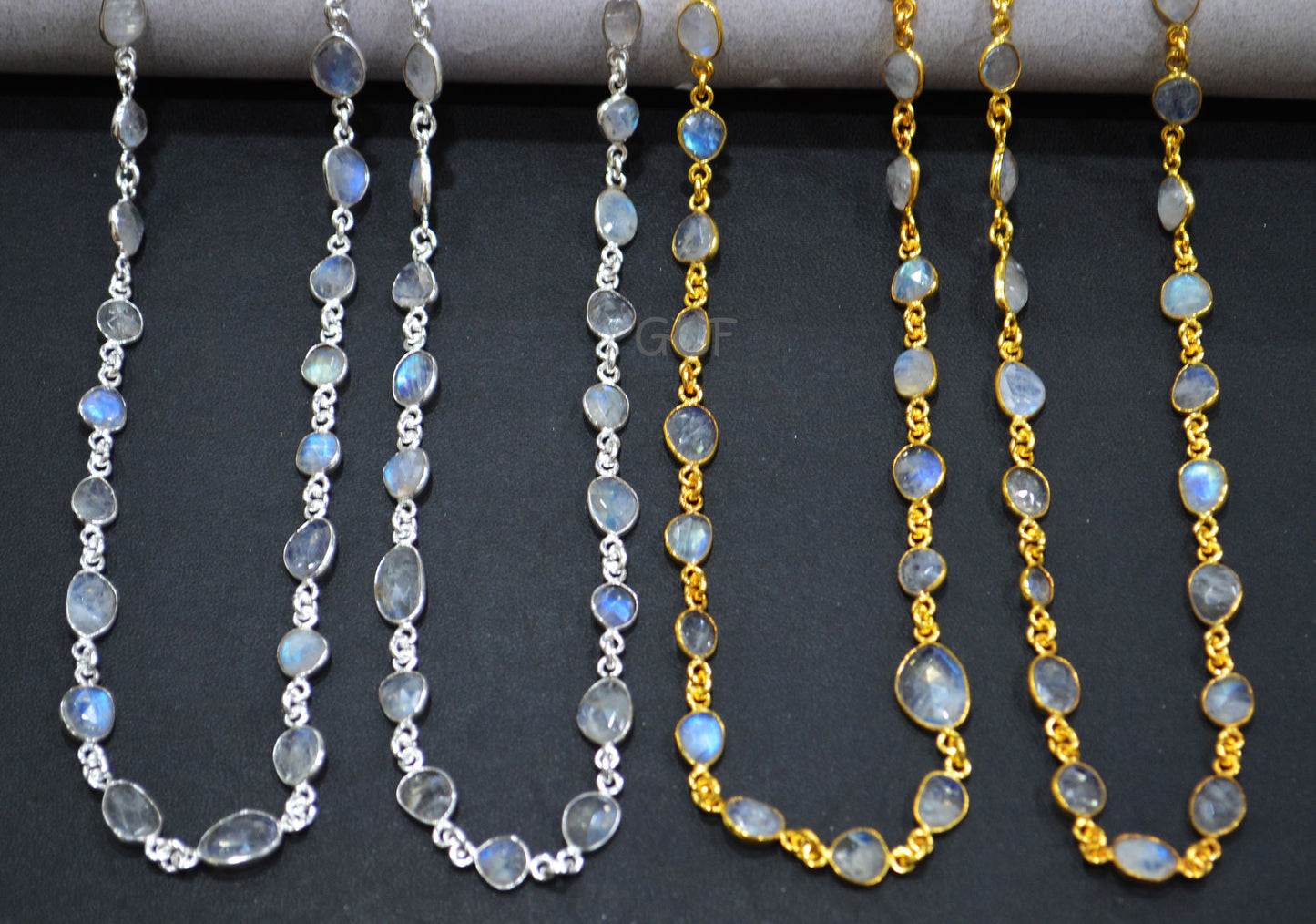 Rainbow Moonstone Faceted Slice Shape Connector Chain , Rainbow Moonstone Free Form Shape Bezel Link Chain , 6x7 - 10x14 mm , RB-7044