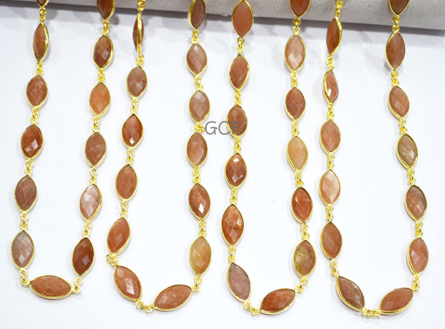 Peach Moonstone Marquise Shape Connector Chain , Peach Moonstone Faceted Marquise Shape Bezel Link Chain , 8x15 mm , RB-7046