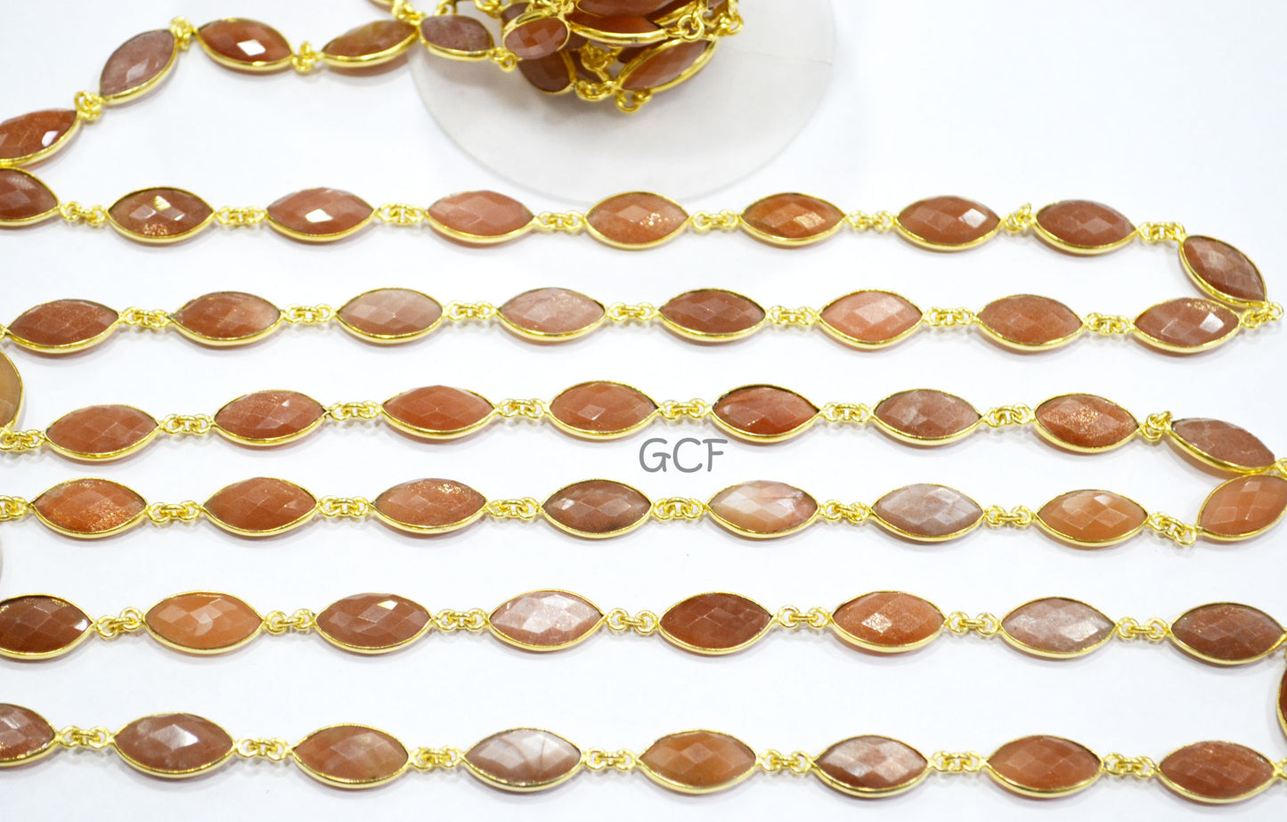 Peach Moonstone Marquise Shape Connector Chain , Peach Moonstone Faceted Marquise Shape Bezel Link Chain , 8x15 mm , RB-7046