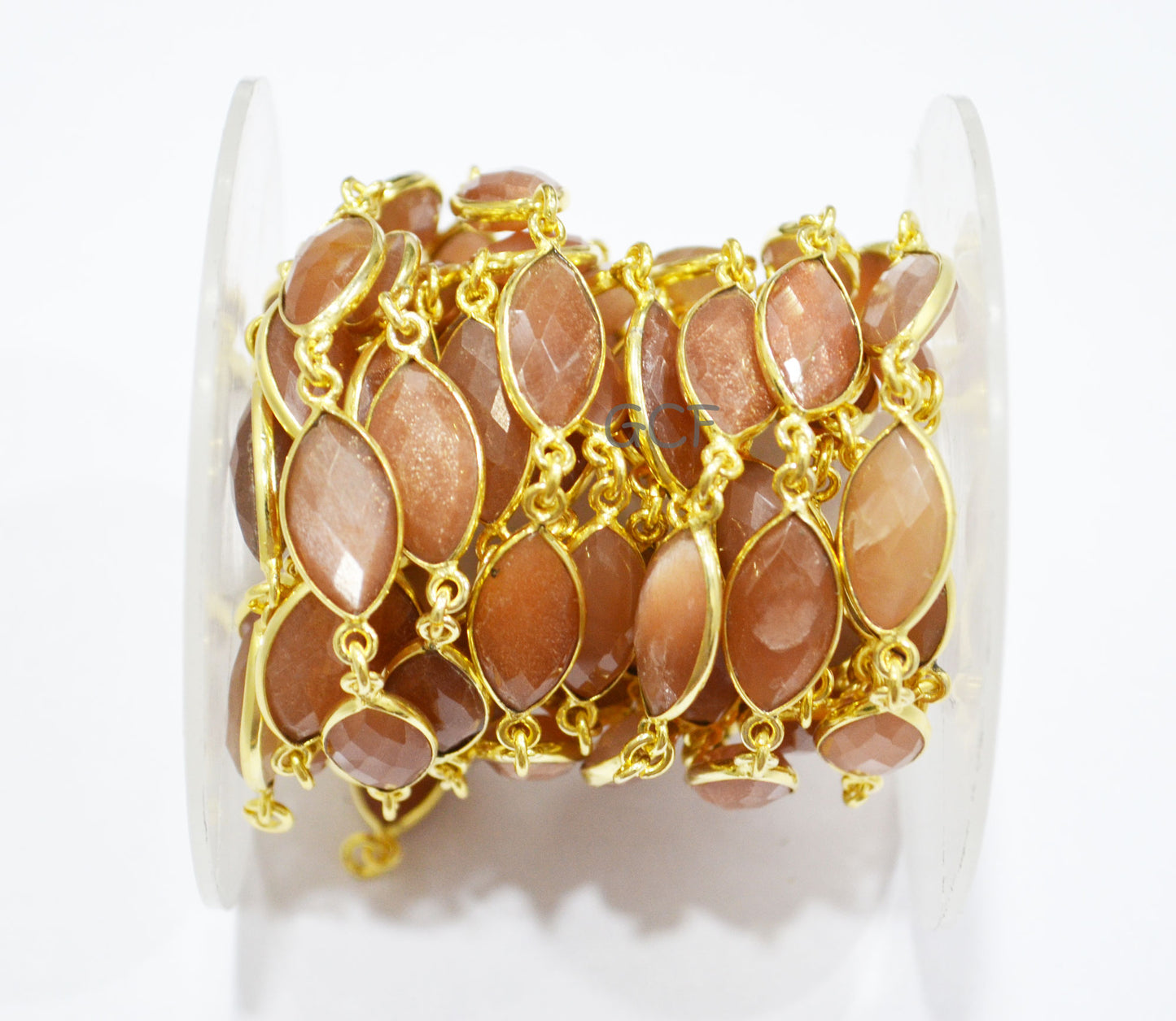 Peach Moonstone Marquise Shape Connector Chain , Peach Moonstone Faceted Marquise Shape Bezel Link Chain , 8x15 mm , RB-7046