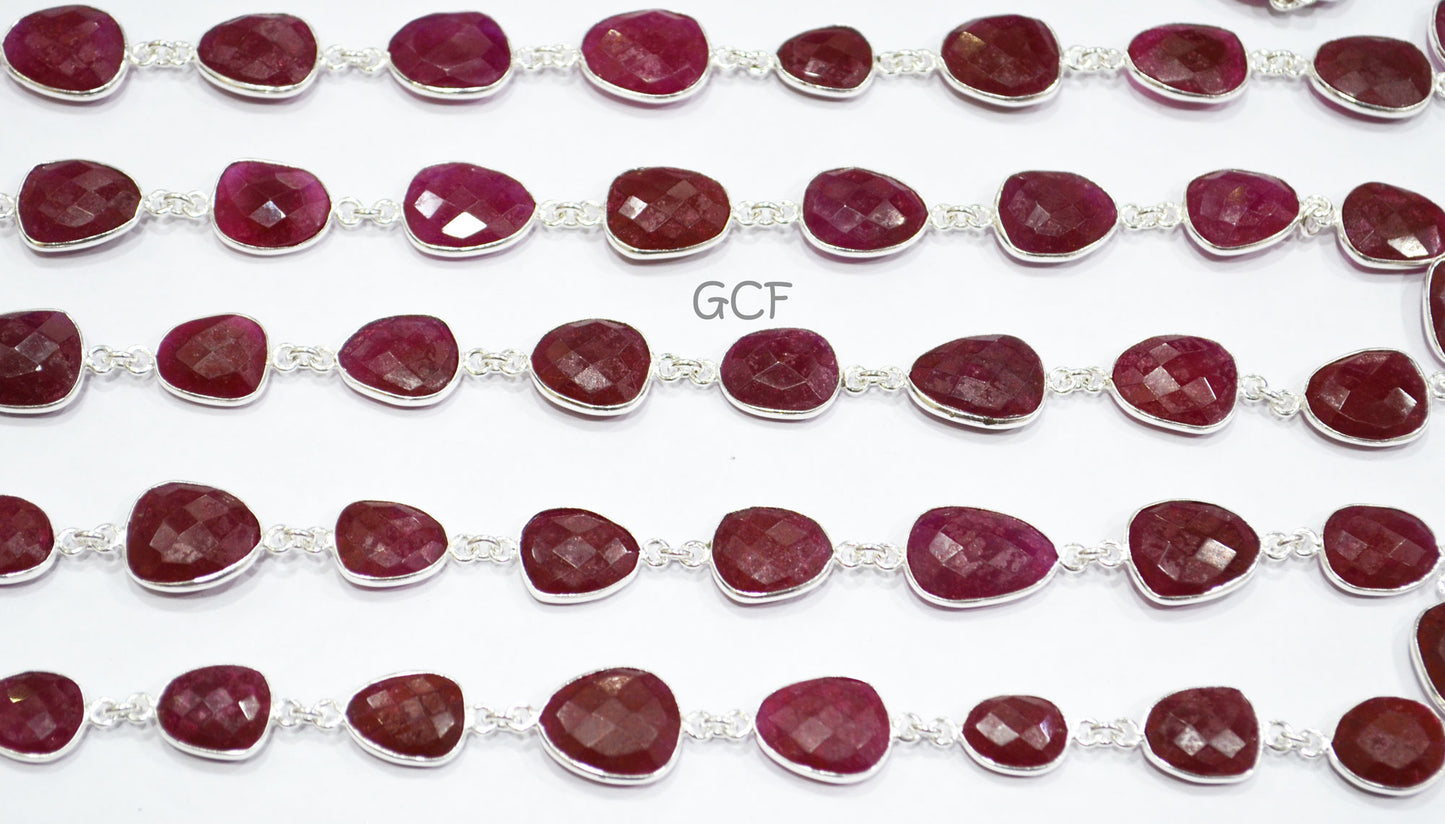 Dyed Ruby Quartz Faceted Slice Shape Connector Chain , Dyed Ruby Quartz Free Form Shape Bezel Link Chain , 11x14 - 15x18 mm , RB-7049