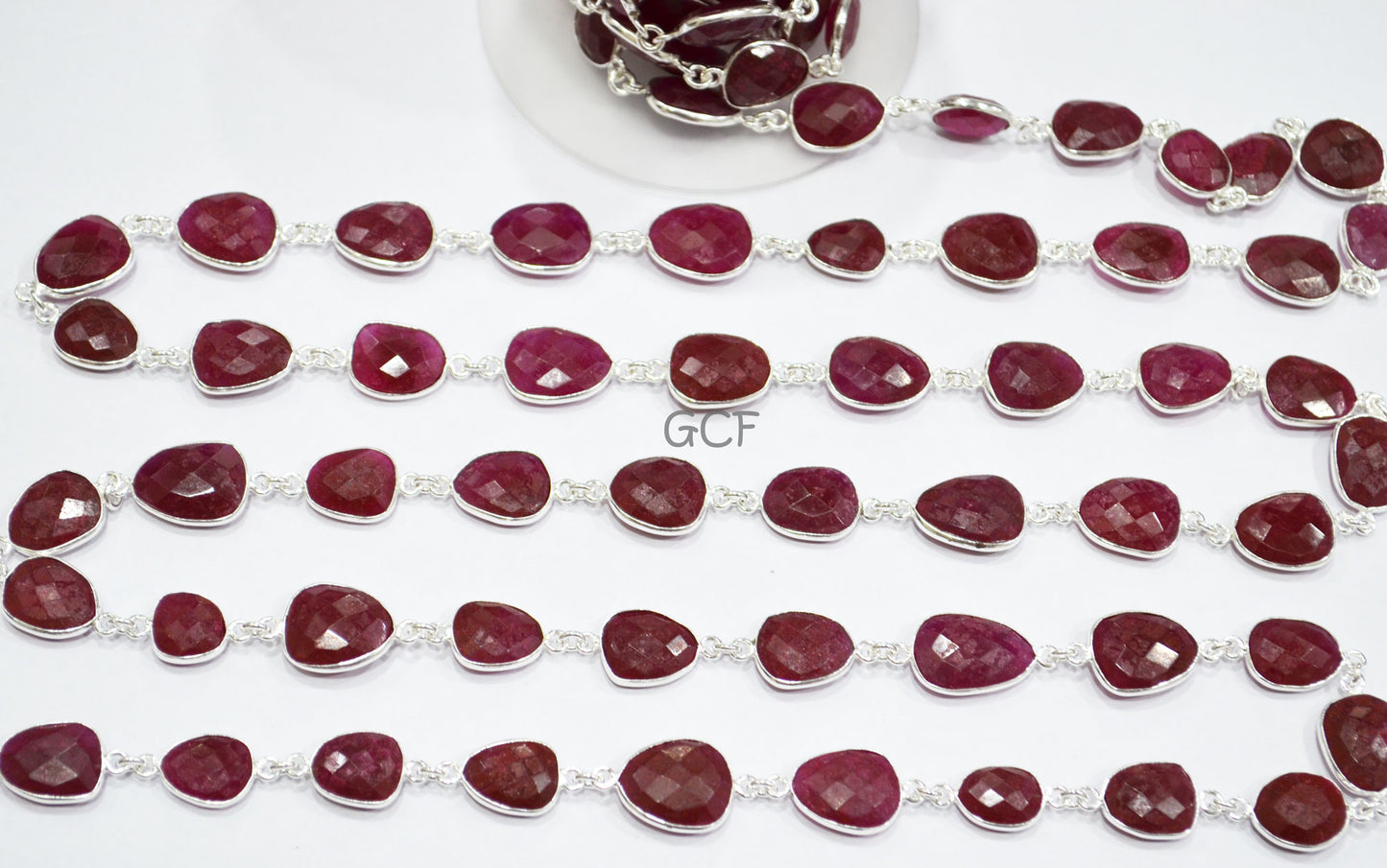 Dyed Ruby Quartz Faceted Slice Shape Connector Chain , Dyed Ruby Quartz Free Form Shape Bezel Link Chain , 11x14 - 15x18 mm , RB-7049