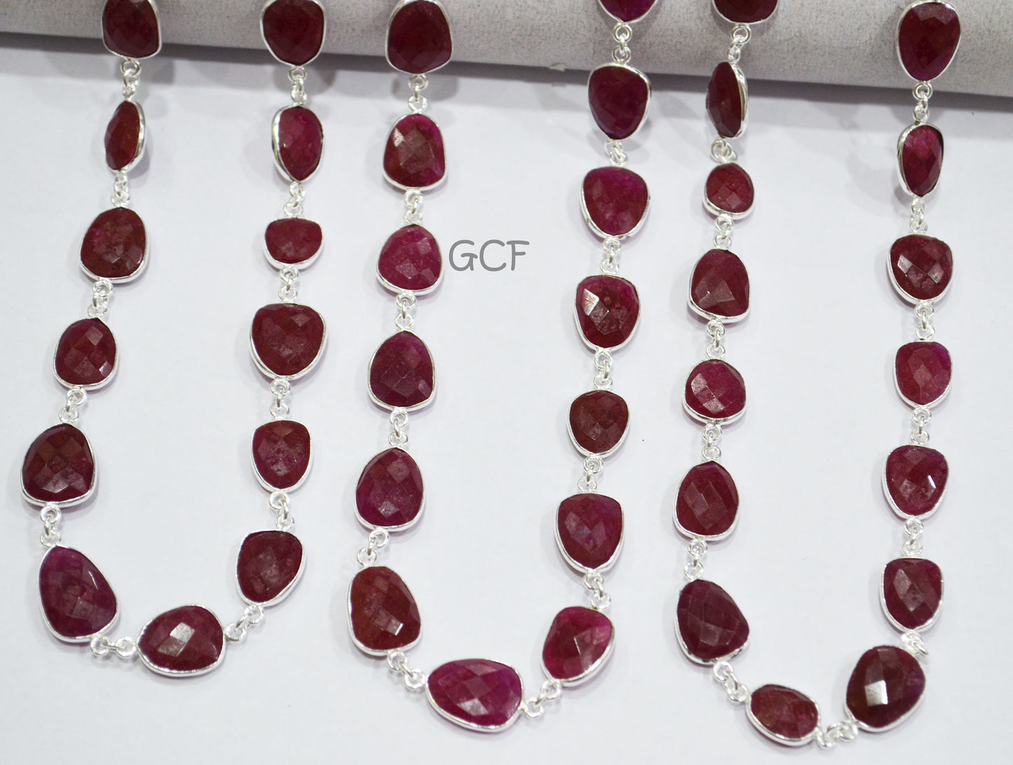 Dyed Ruby Quartz Faceted Slice Shape Connector Chain , Dyed Ruby Quartz Free Form Shape Bezel Link Chain , 11x14 - 15x18 mm , RB-7049