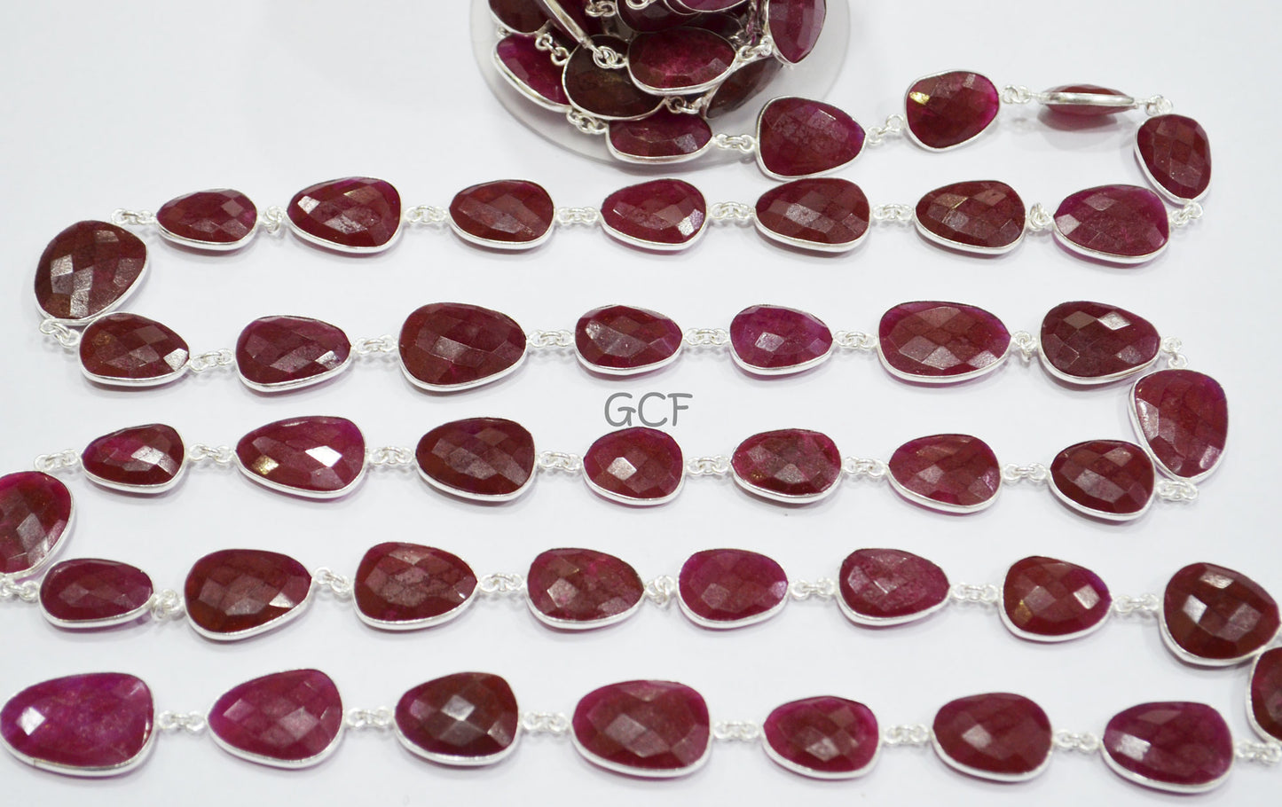 Dyed Ruby Quartz Faceted Slice Shape Connector Chain , Dyed Ruby Quartz Free Form Shape Bezel Link Chain , 14x18 - 18x23 mm , RB-7050