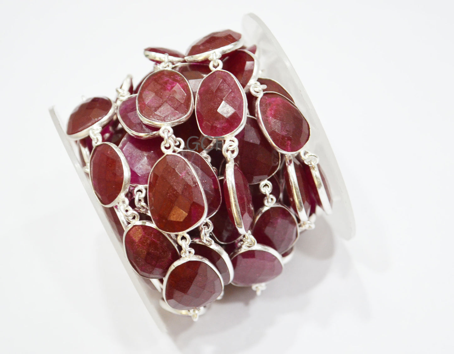 Dyed Ruby Quartz Faceted Slice Shape Connector Chain , Dyed Ruby Quartz Free Form Shape Bezel Link Chain , 14x18 - 18x23 mm , RB-7050