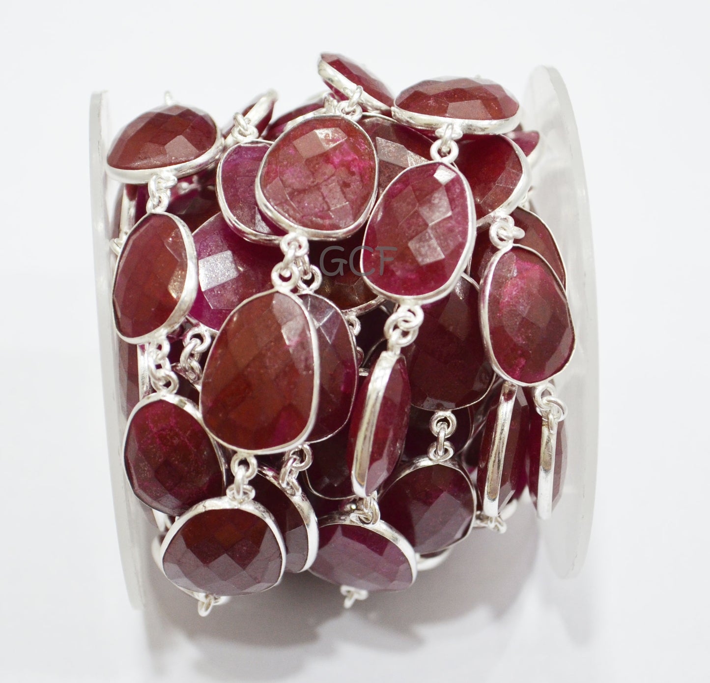 Dyed Ruby Quartz Faceted Slice Shape Connector Chain , Dyed Ruby Quartz Free Form Shape Bezel Link Chain , 14x18 - 18x23 mm , RB-7050