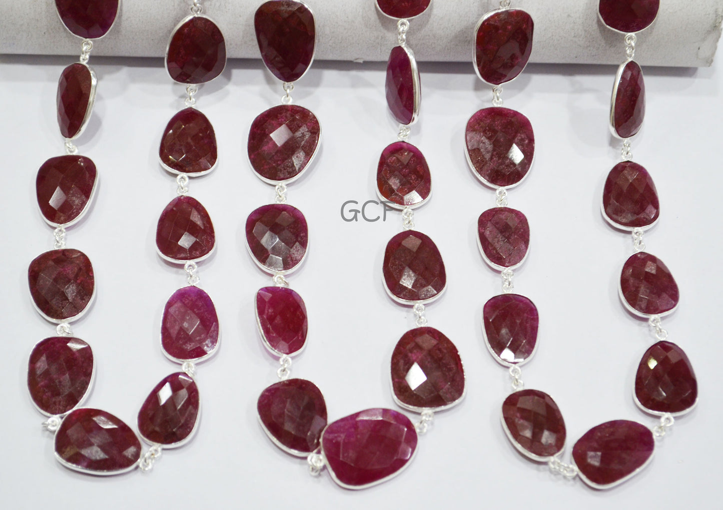 Dyed Ruby Quartz Faceted Slice Shape Connector Chain , Dyed Ruby Quartz Free Form Shape Bezel Link Chain , 15x19 - 21x25 mm , RB-7051