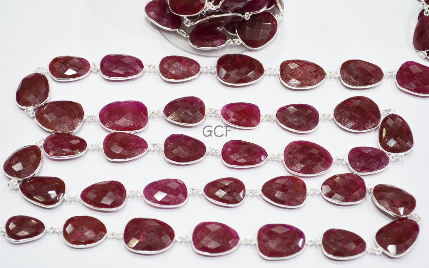 Dyed Ruby Quartz Faceted Slice Shape Connector Chain , Dyed Ruby Quartz Free Form Shape Bezel Link Chain , 15x19 - 21x25 mm , RB-7051