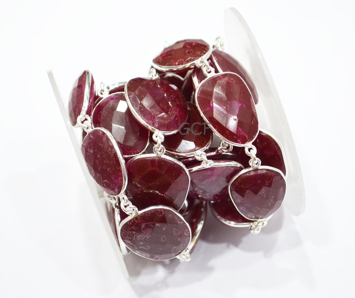 Dyed Ruby Quartz Faceted Slice Shape Connector Chain , Dyed Ruby Quartz Free Form Shape Bezel Link Chain , 15x19 - 21x25 mm , RB-7051